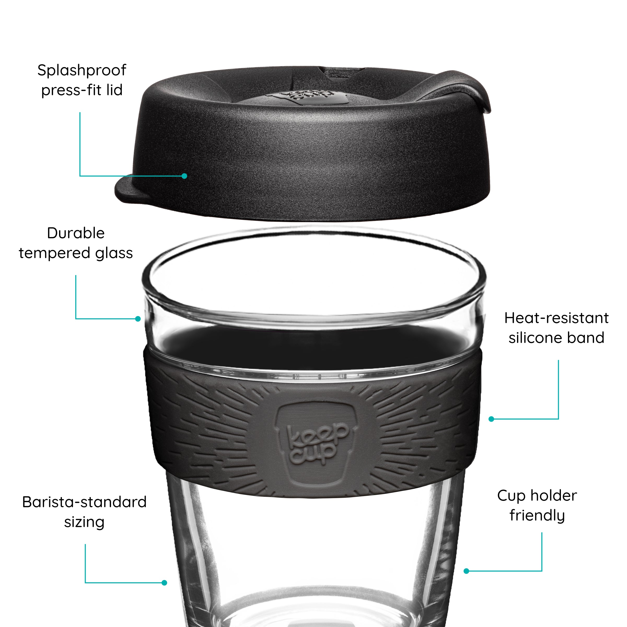 KeepCup reusable cup with black lid and black band on a white background that features text
