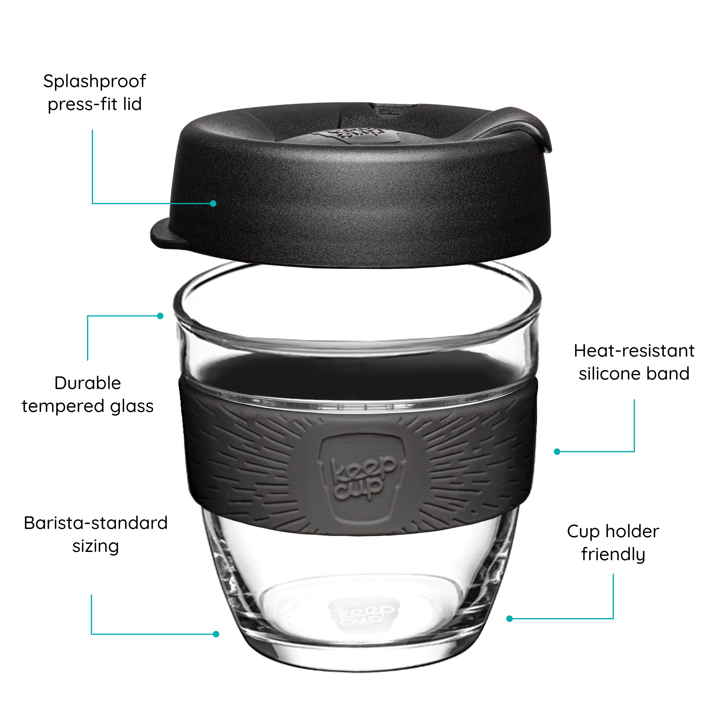 KeepCup reusable glass cup with a black lid and black band on a white background that features text