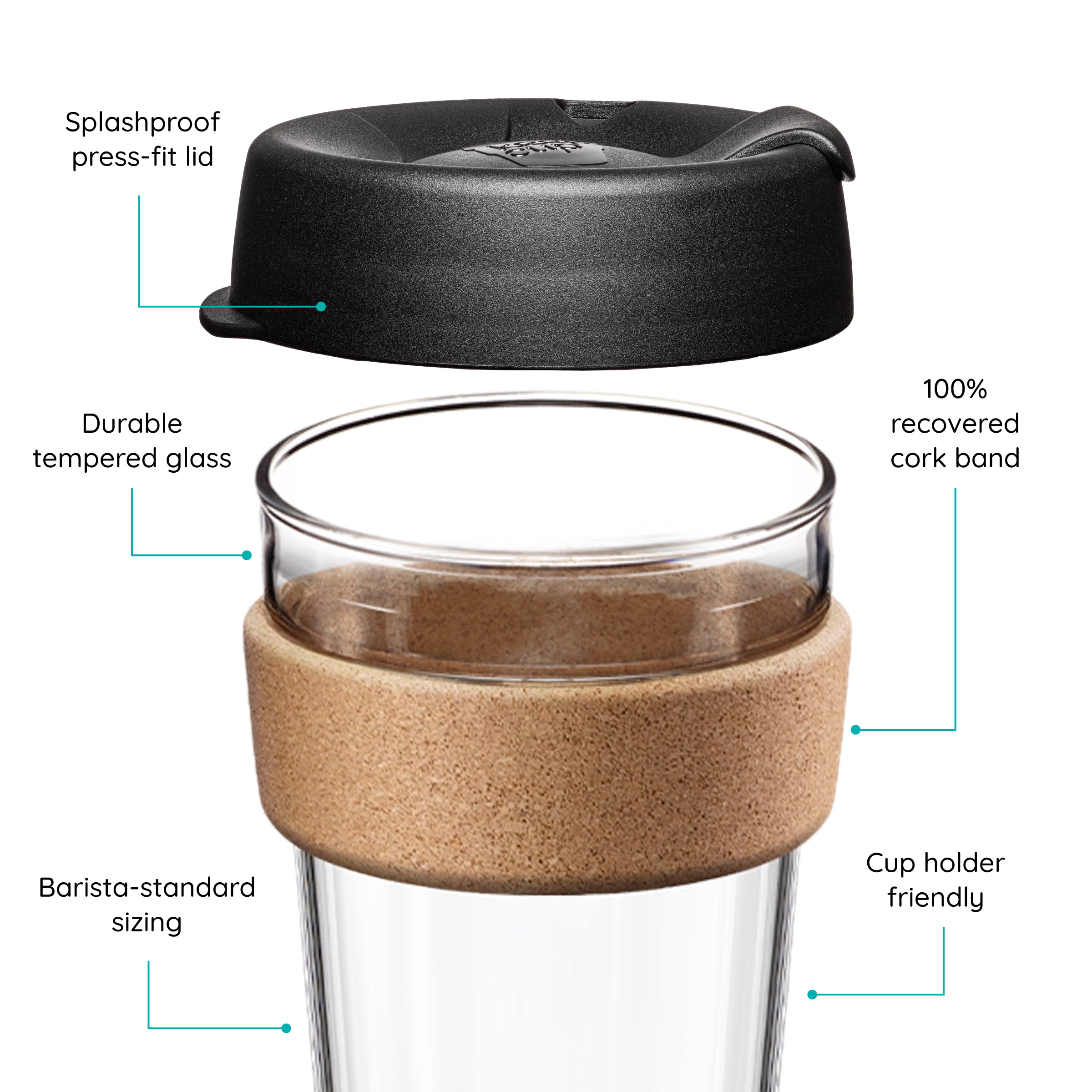 KeepCup glass coffee cup with cork band and black lid, featuring text on a white background.