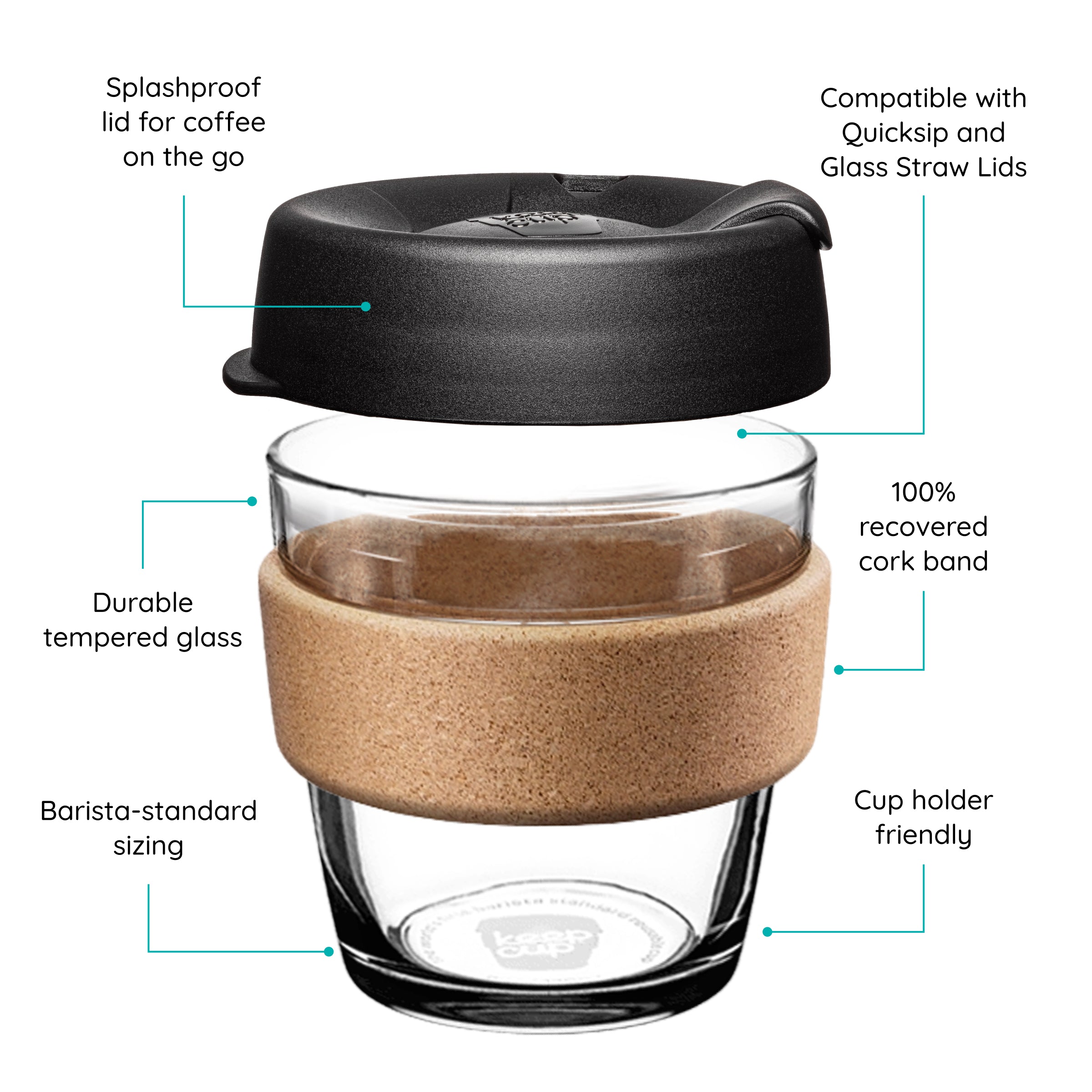 KeepCup glass coffee cup with cork band and black lid, featuring text on a white background.