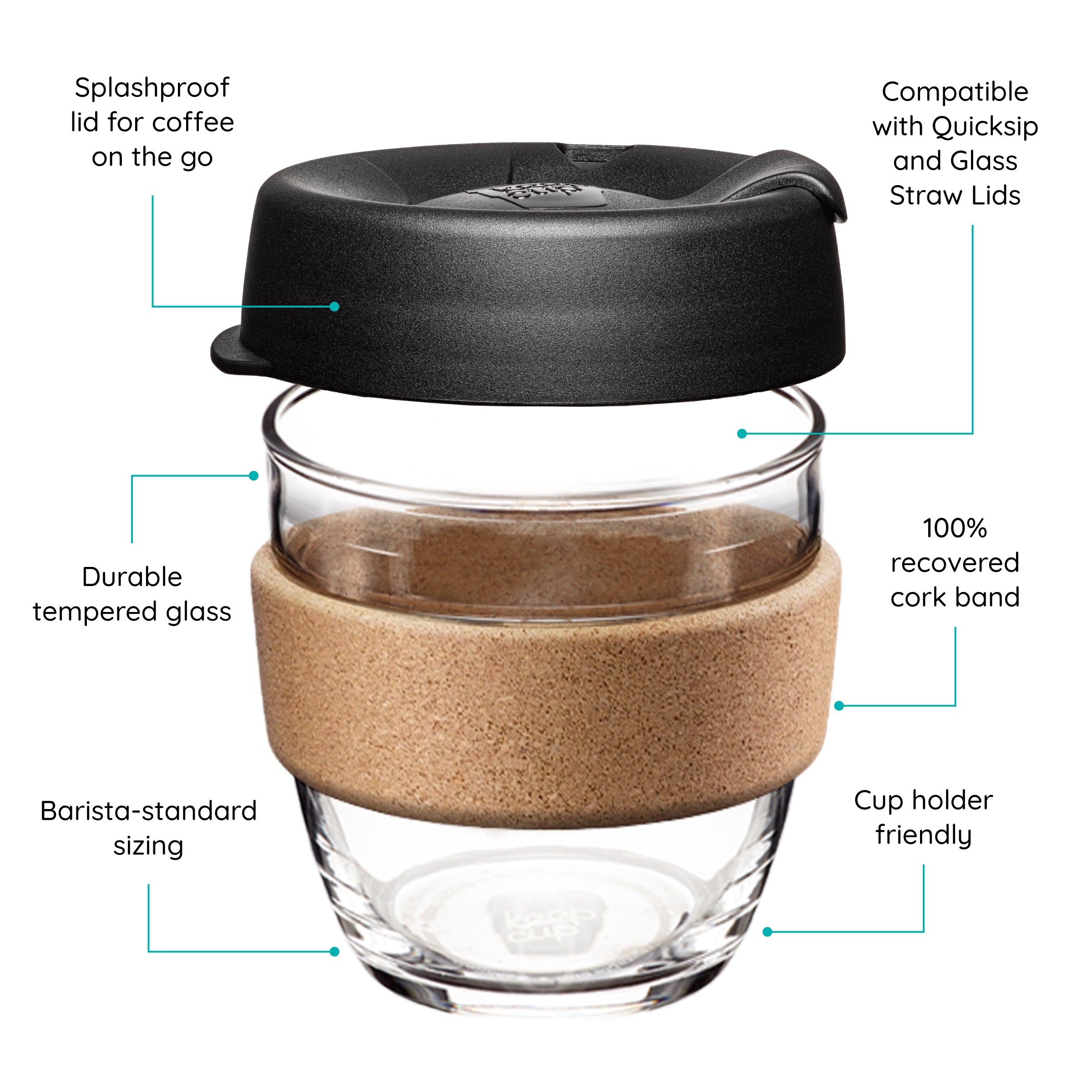 KeepCup glass coffee cup with cork band and black lid, featuring text on a white background.