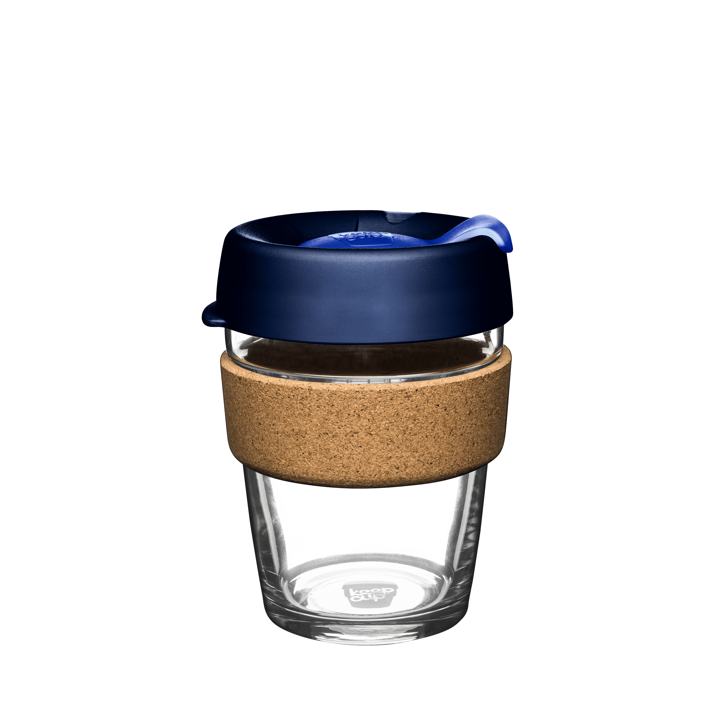 KeepCup Brew Cork M 12oz in Ink, featuring a clear glass cup with natural cork band and deep navy blue lid with matching plug, shown against a white background.
