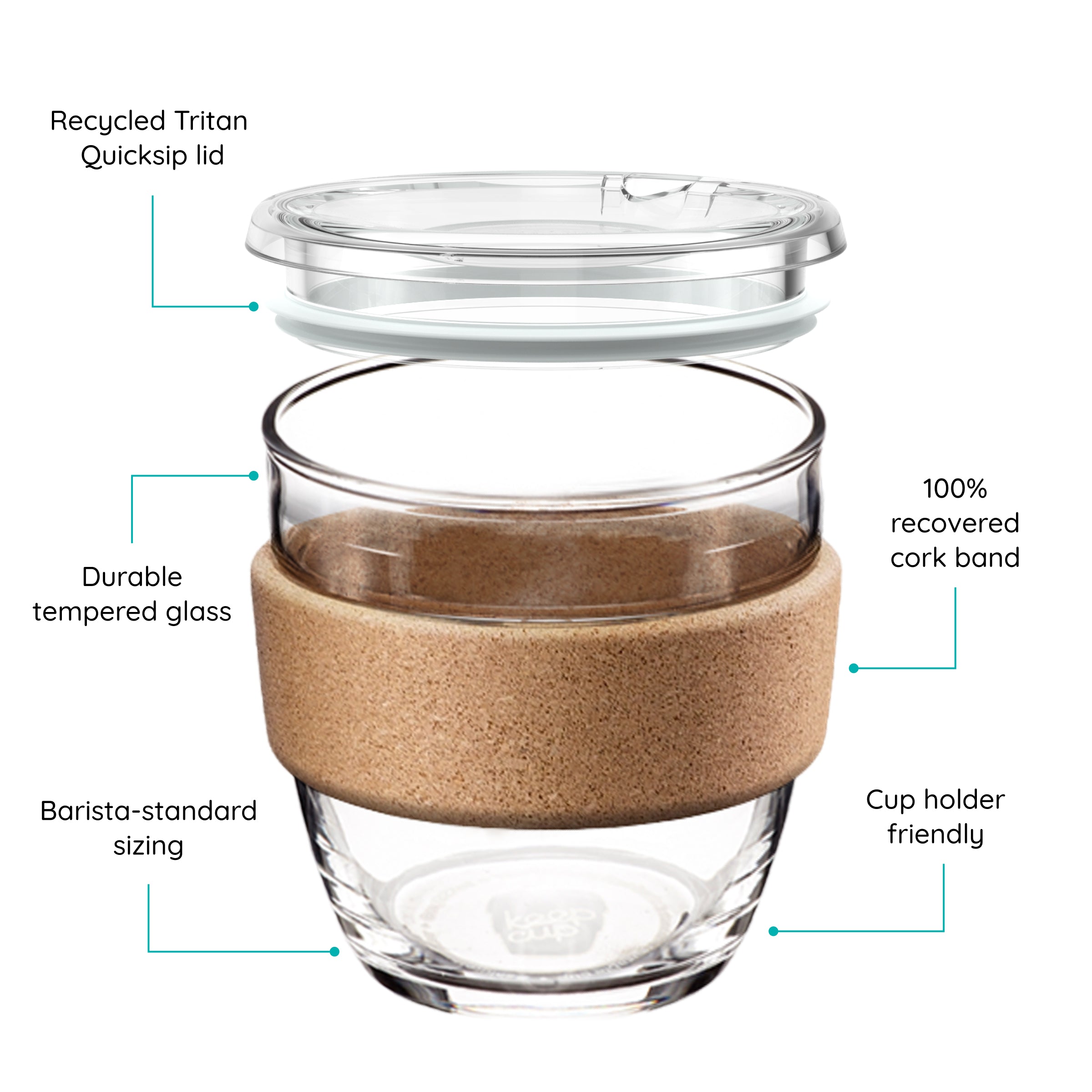 KeepCup Reusable glass cup with cork band - features highlighted on a white background