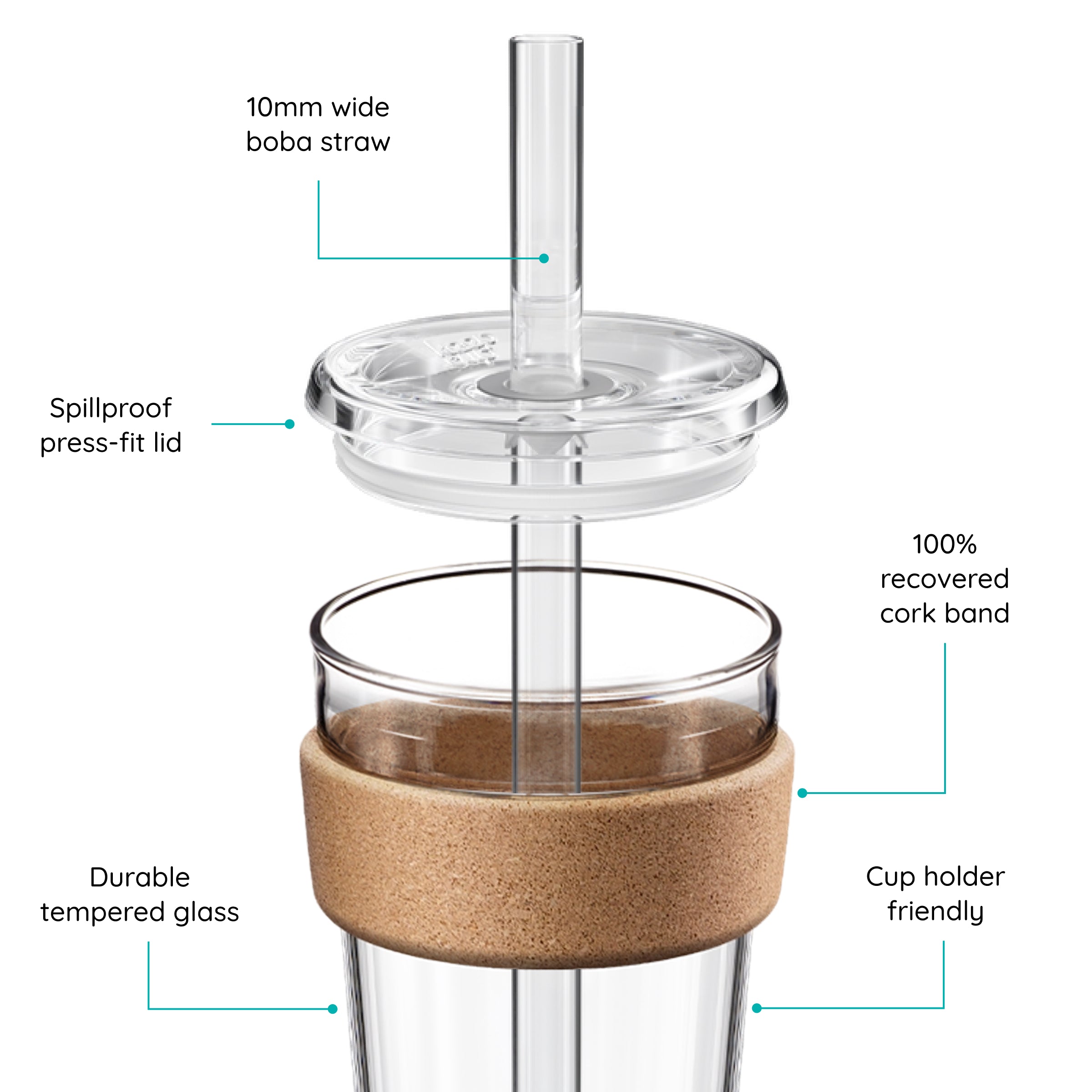 Cold Cup with cork band and Boba straw, features text on a white background