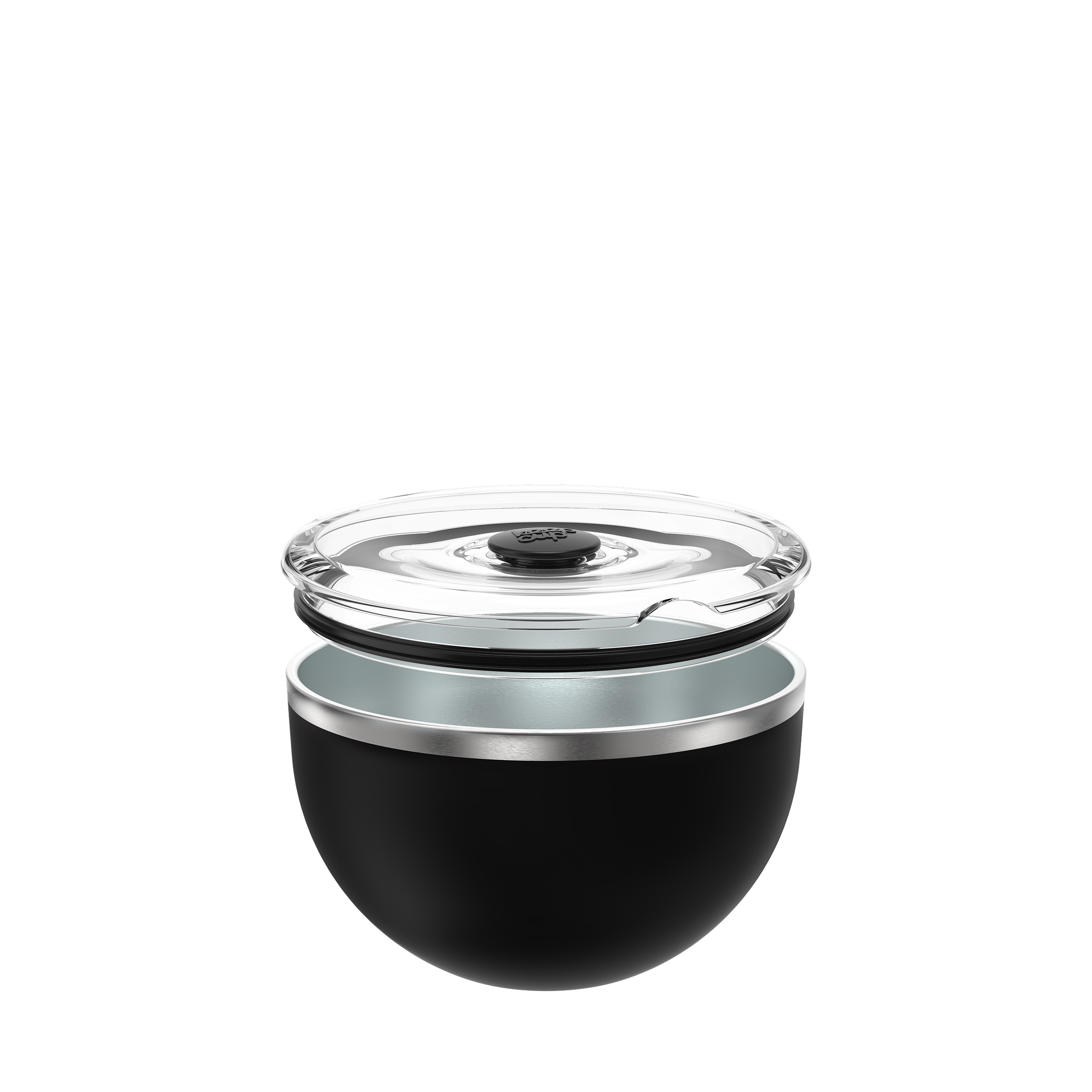 KeepCup Go Bowl Luxe in Black with flat lid, shown in an exploded view displaying the clear plastic lid with central valve, black silicone seal, stainless steel rim, and matte black rounded bowl base.