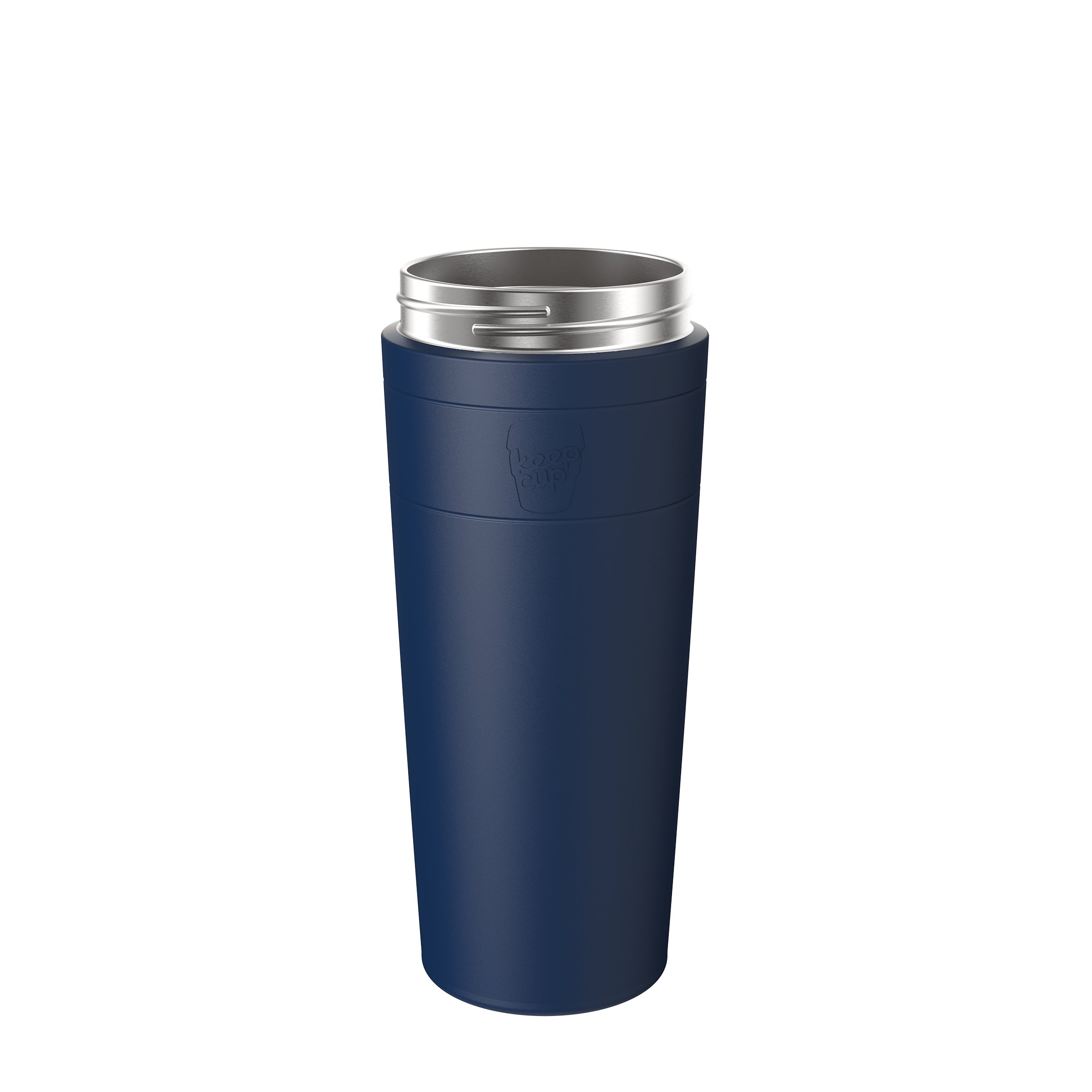 KeepCup Helix Stainless Steel Base in Ink colour, XL 20oz size, shown at a slight angle against a white background, featuring the dark navy blue stainless steel body with embossed KeepCup logo and silver steel rim.