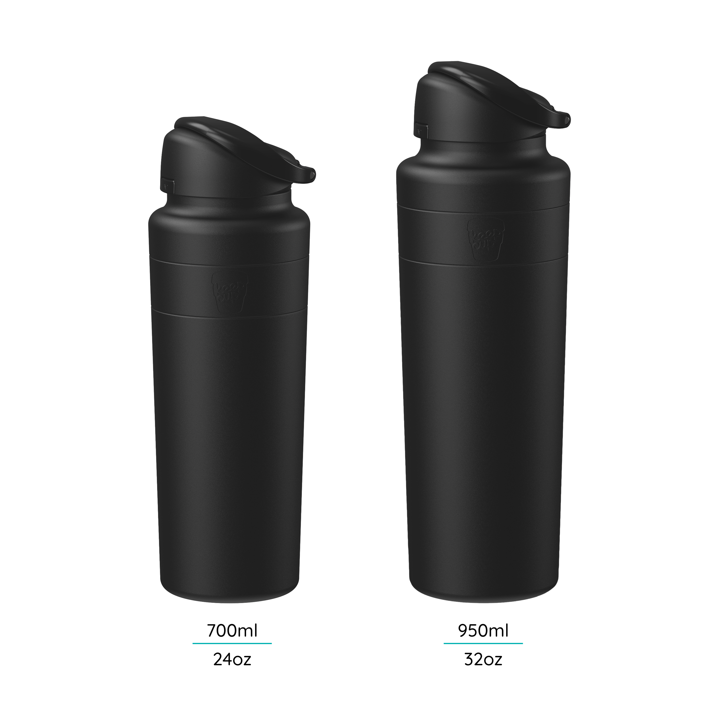 Two black water bottles with different capacities labeled on a white background