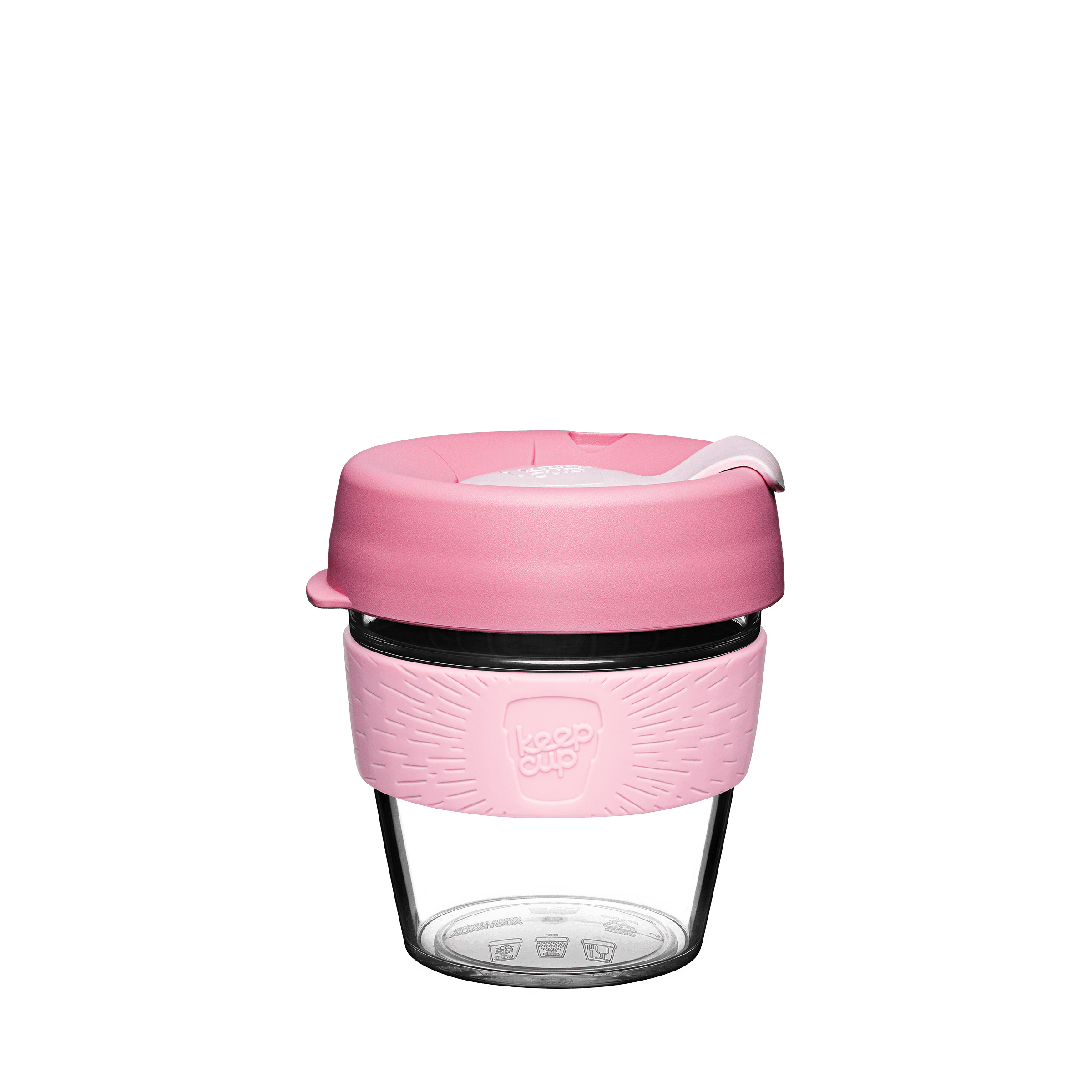KeepCup Tritan plastic reusable coffee cup with a pink silicone sleeve and lid on a white background