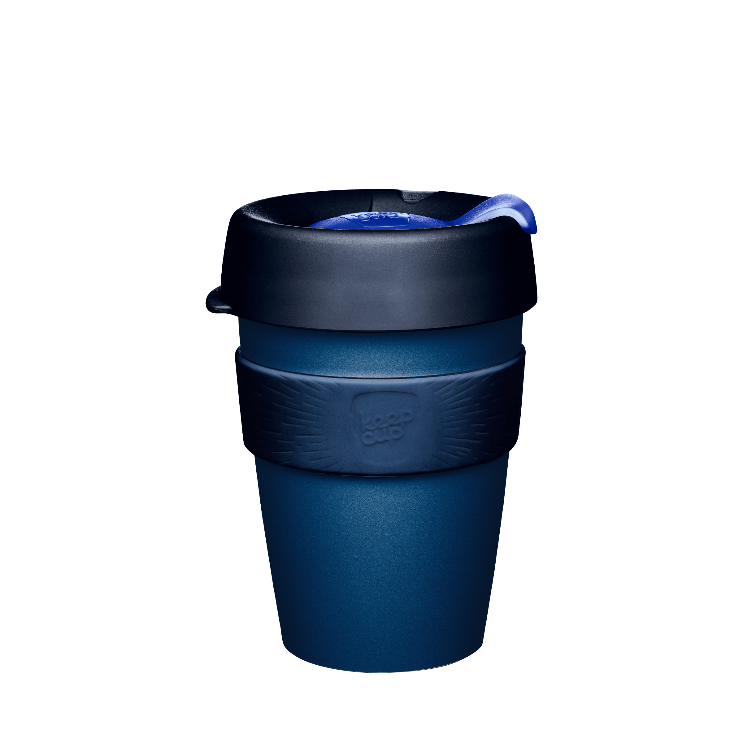 KeepCup Original M 12oz in Deep Ink, featuring a dark blue reusable cup with matching blue silicone band, black lid with blue plug, shown against a white background.