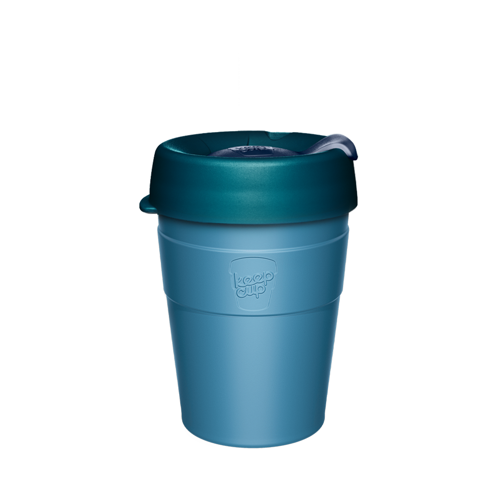 KeepCup Thermal M 12oz in Lagoon, a deep teal reusable coffee cup with double-walled stainless steel body and matching lid, shown against a white background in a straight-on product shot.