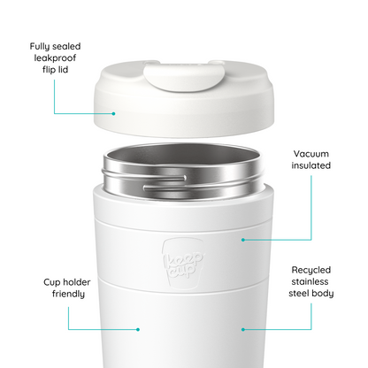 White KeepCup travel mug with callout labels pointing to the fully sealed leakproof flip lid, vacuum-insulated body, recycled stainless steel body, and cup holder friendly design.