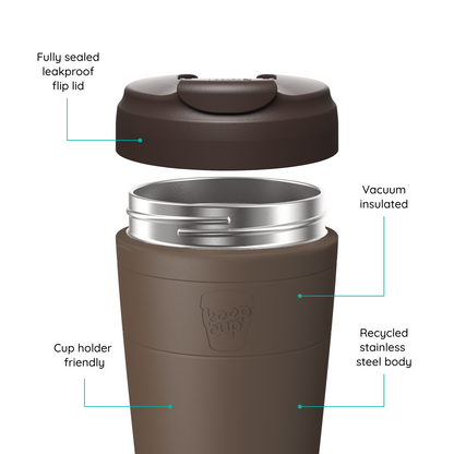 A brown reusable KeepCup travel tumbler with a flip lid shown disassembled to highlight features, including a fully sealed leakproof flip lid, vacuum insulation, recycled stainless steel body, and cup holder friendly design. Text callouts with arrows point to each feature on a clean white background.