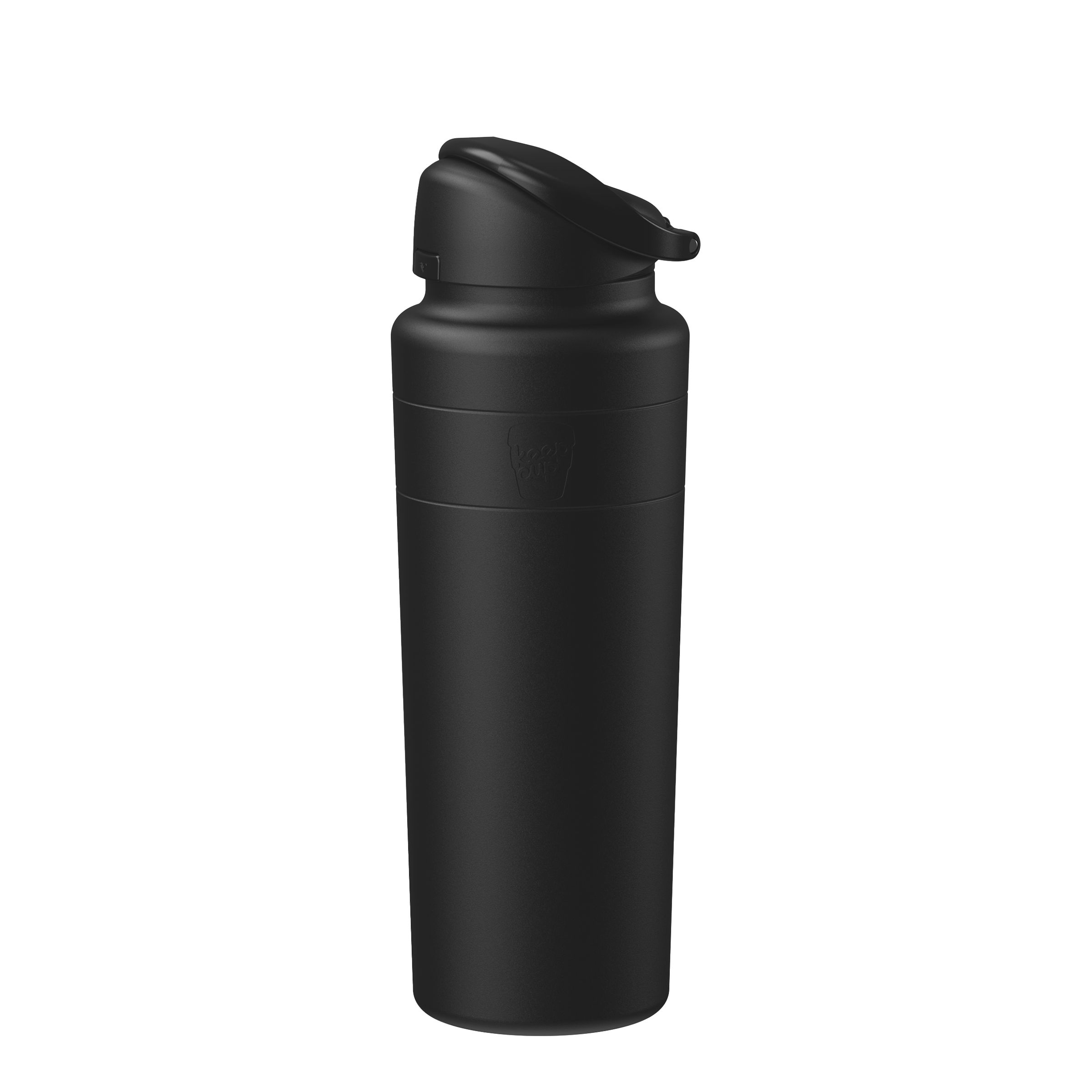 Black water bottle with a flip lid on a transparent background