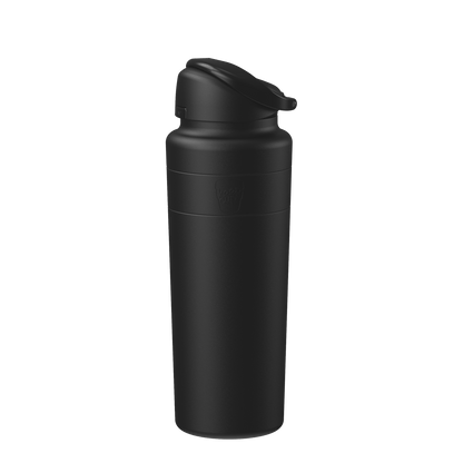 Black water bottle with a flip lid on a transparent background