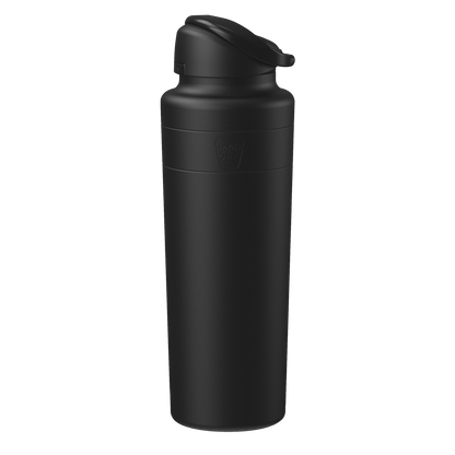 KeepCup Ora Bottle in Black, 950ml capacity, shown at a slight angle against a white background, featuring a matte black finish, flip-top lid, and embossed logo on the upper body.