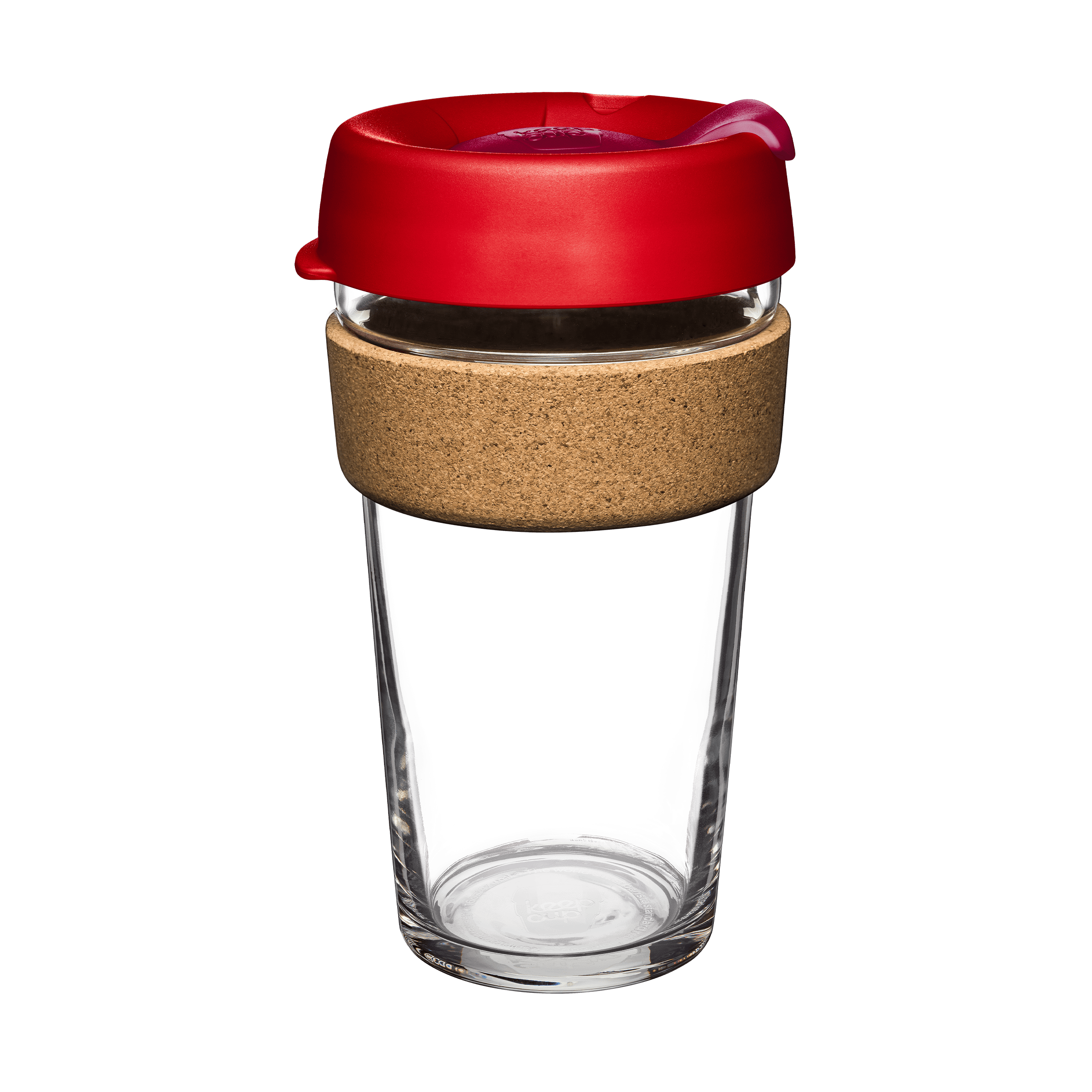 KeepCup Brew Cork L 16oz in Dawnbreak colour, featuring a clear tempered glass cup with natural cork band and red silicone lid with pink plug, shown at a slight angle against a white background.