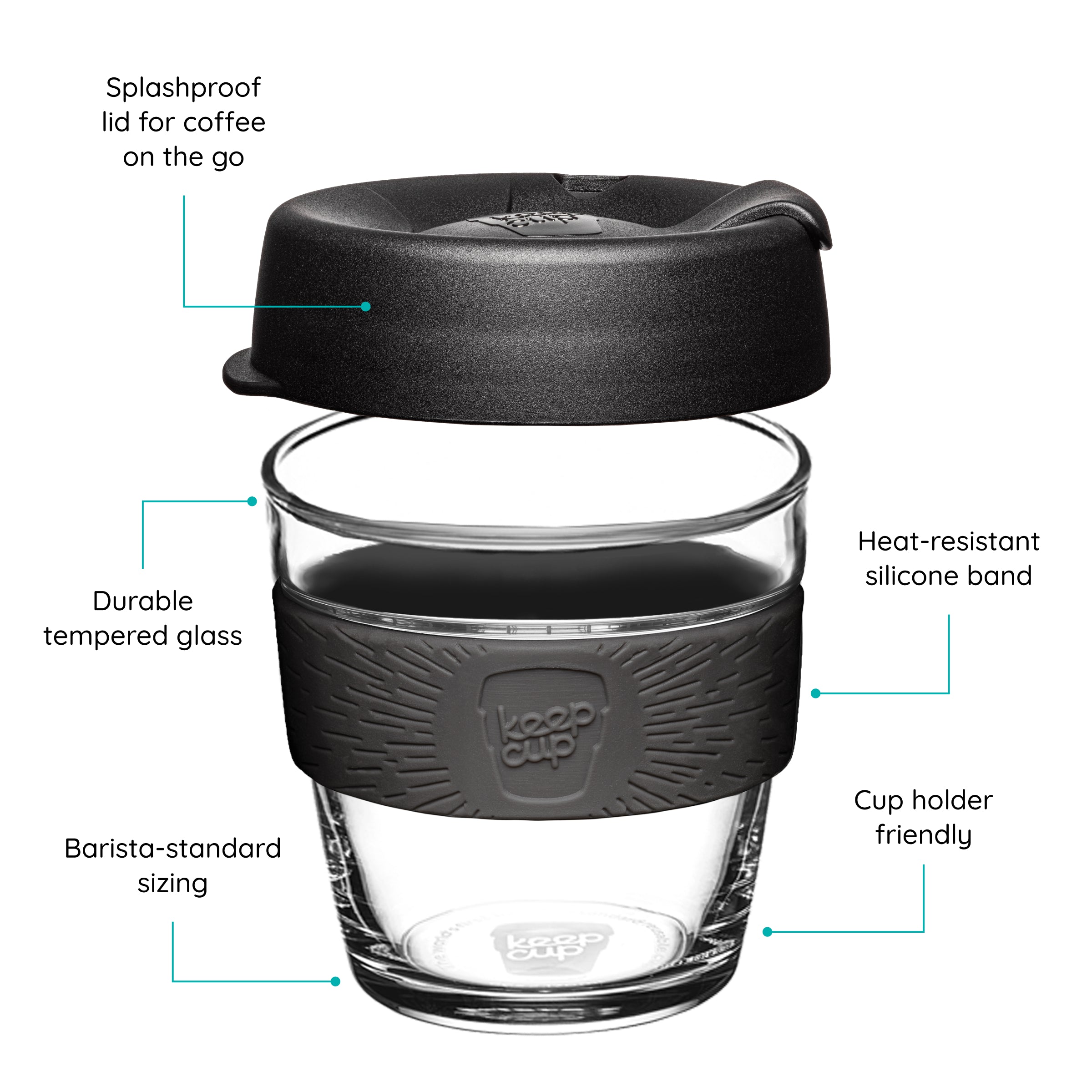 KeepCup Reusable coffee cup with black lid and band, text features on a white background