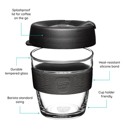 KeepCup Reusable coffee cup with black lid and band, text features on a white background
