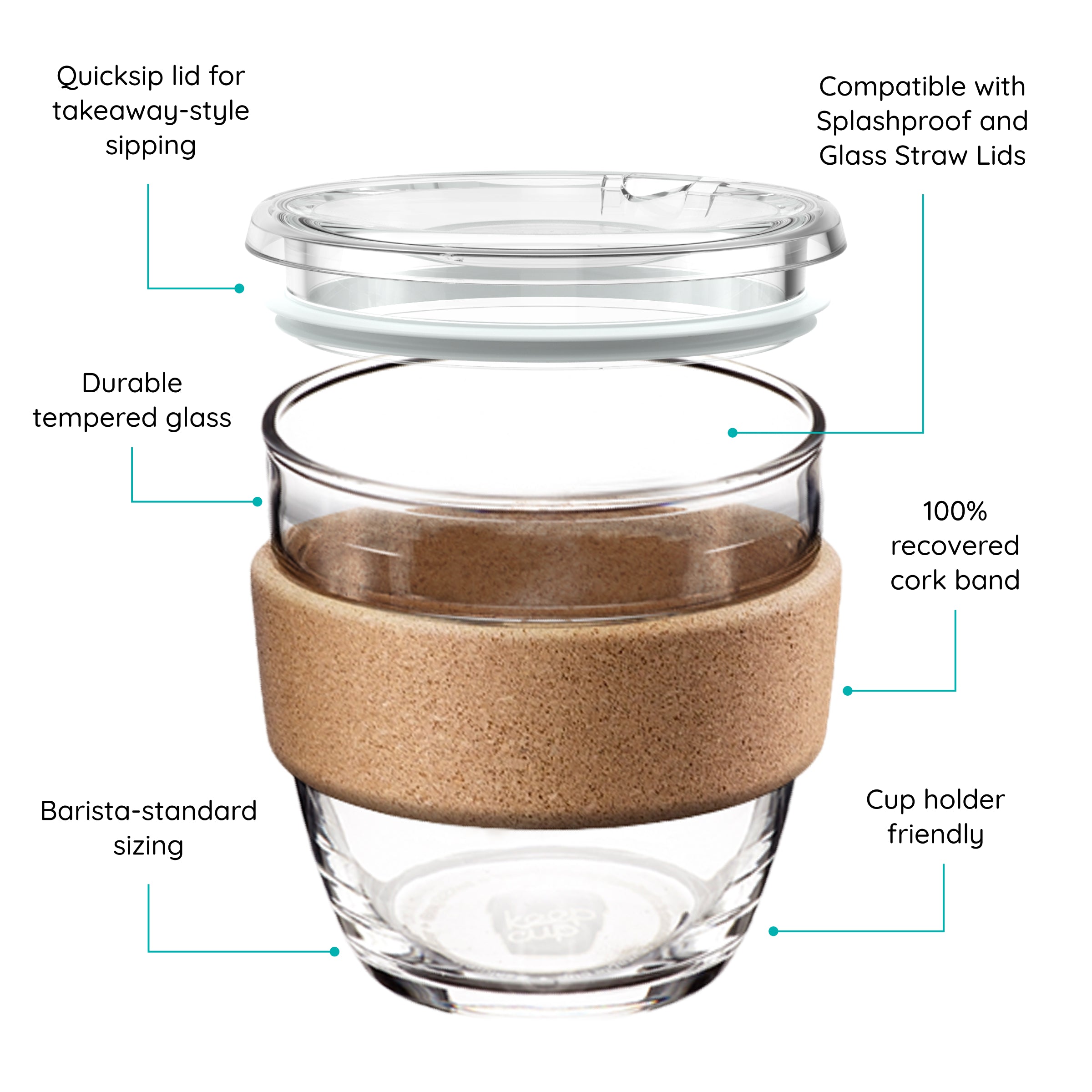 KeepCup Reusable glass cup with cork band - features highlighted on a white background