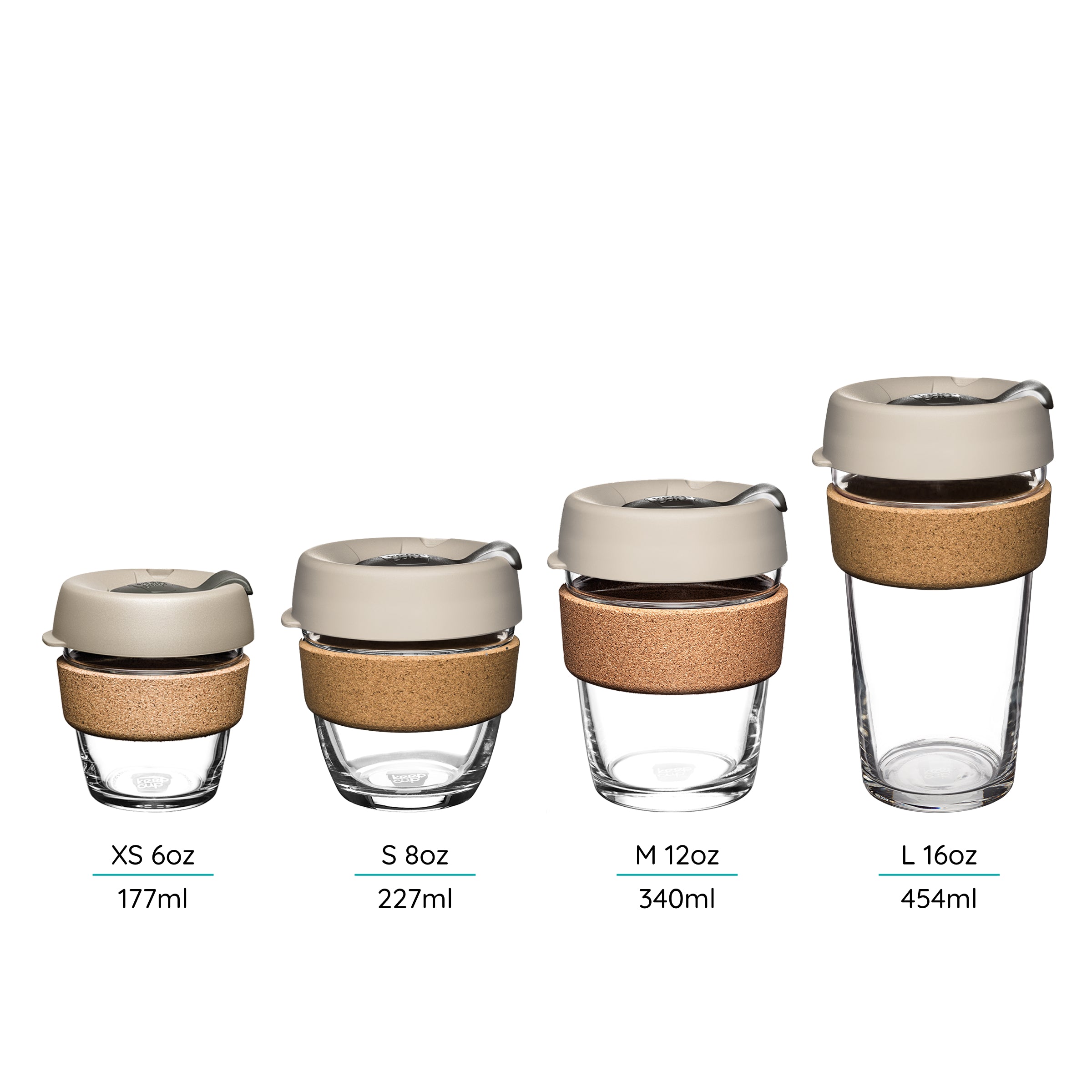 Set of four KeepCup reusable glass cups with cork bands in different sizes on a white background