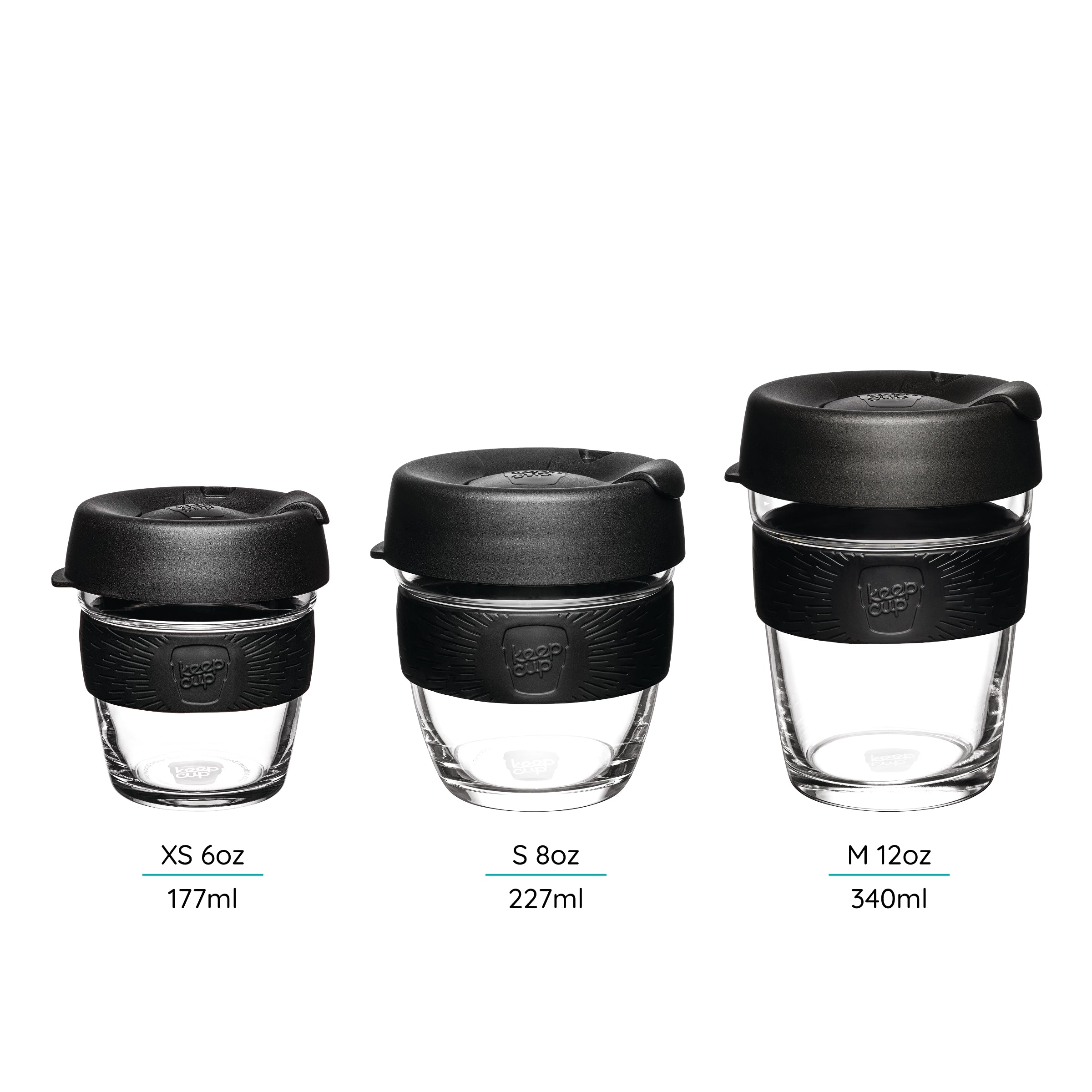 Three KeepCup reusable glass cups with black lids of different sizes xs - s -m on a white background