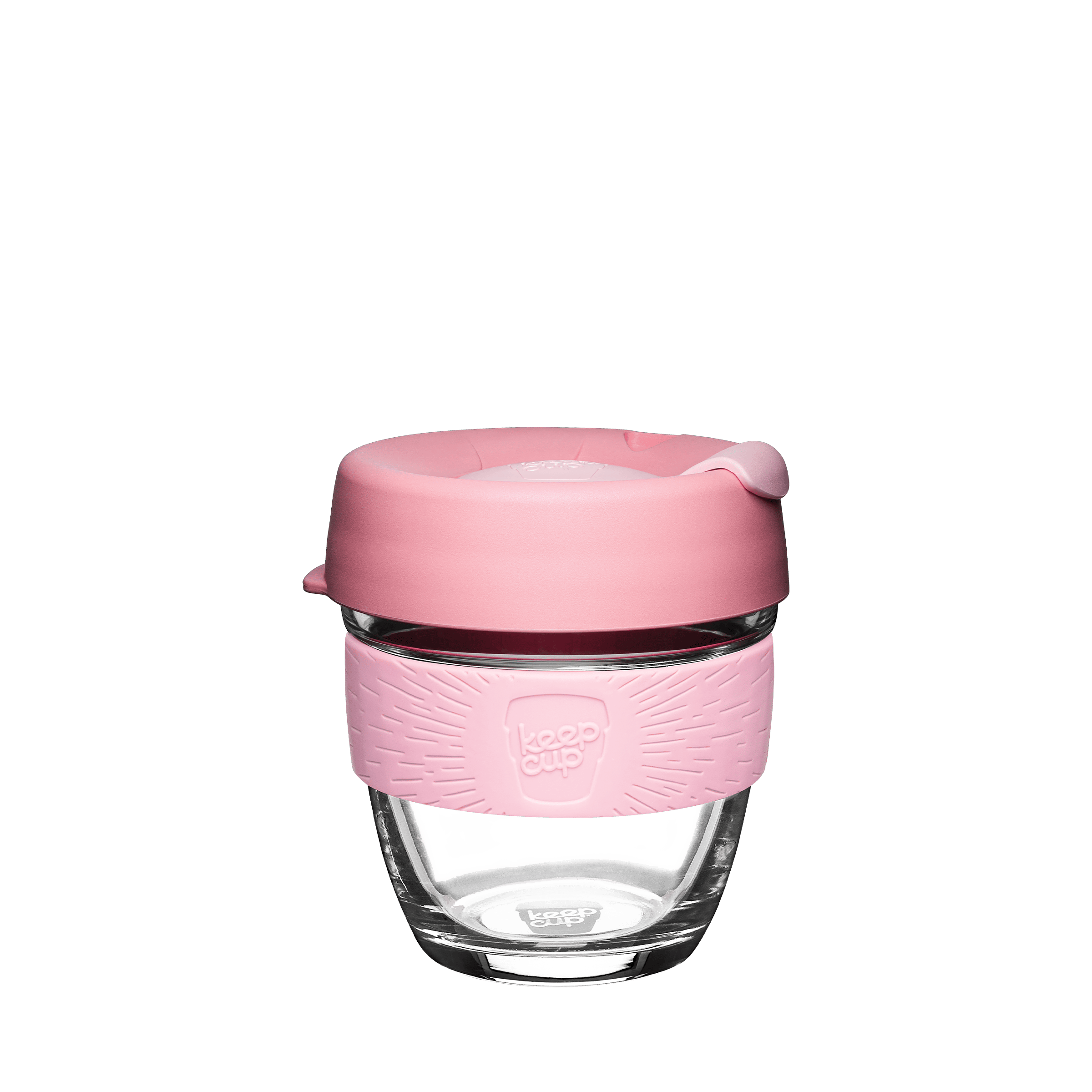 Glass KeepCup reusable coffee cup with pink silicone lid on a white background