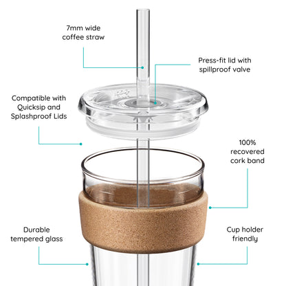 Cold Cup with cork band and coffee straw, features text on a white background