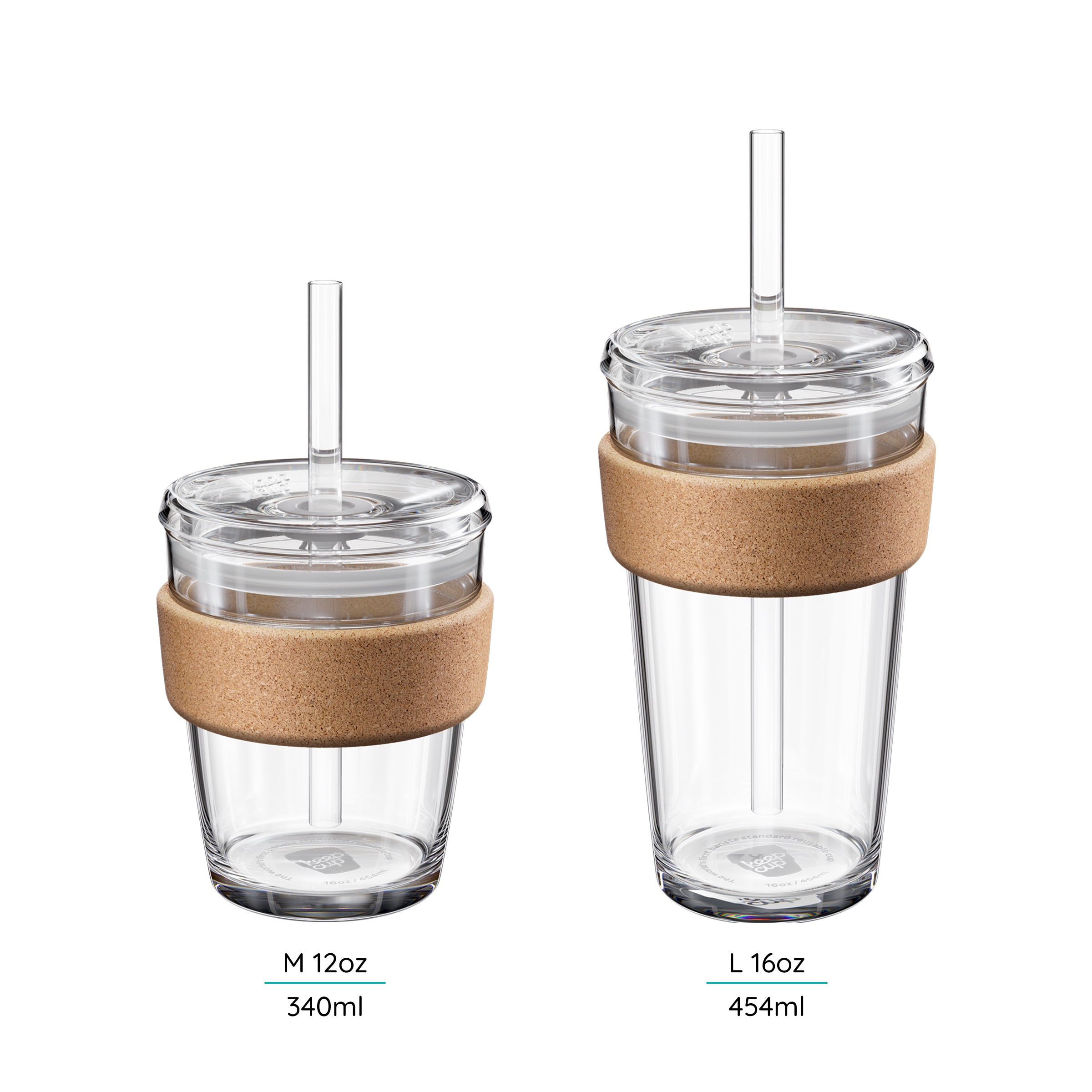 Two Cold Cup's with Cork Bands, labeled M 12oz and L 16oz 