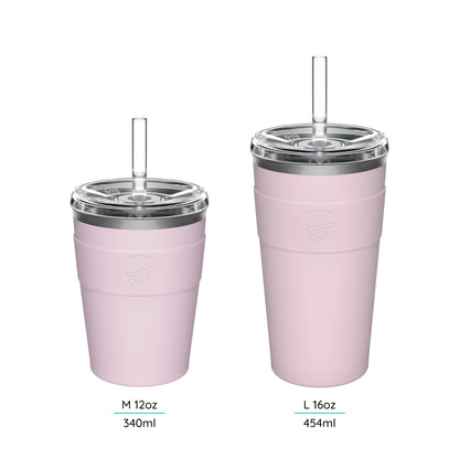 Cold Cup Thermal's with straws and lids on a white background featuring the M 12oz and L 16oz size 