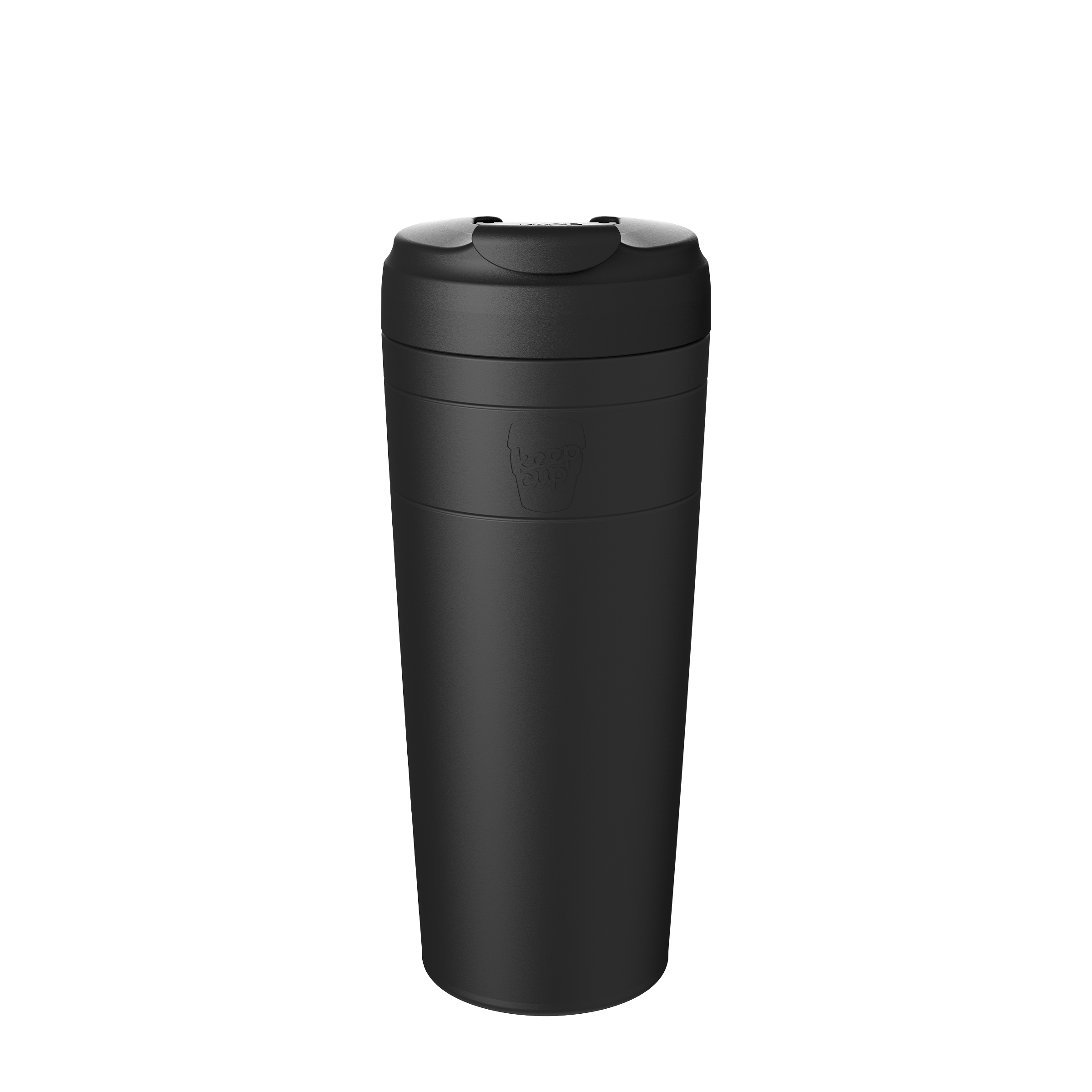 Black insulated travel coffee cup with secure lid and spill-proof design on white background