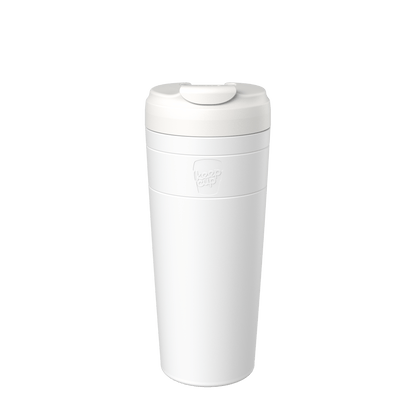 White Design Your Own Commuter XL 20oz reusable coffee cup shown in a straight-on product shot against a plain white background, featuring the KeepCup logo embossed on the body and a flip-top lid.