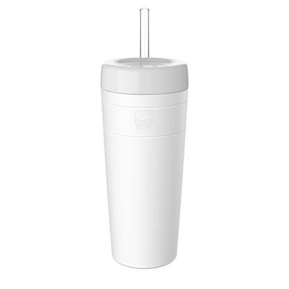 White Design Your Own Commuter Cold Cup XL 20oz shown from a front angle against a plain background, featuring the KeepCup logo embossed on the cup body, a matching white lid, and a clear reusable straw.