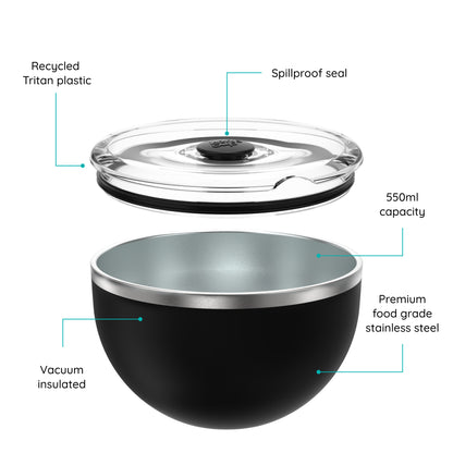 An exploded diagram of the Go Bowl Luxe with a Flat Lid labeled with its features.
