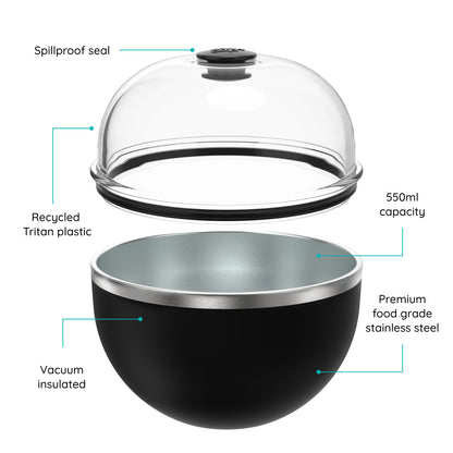 An exploded diagram of the Go Bowl Luxe with a Domed Lid labeled with its features.
