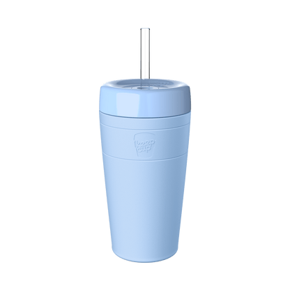 KeepCup Commuter Cold Cup L 16oz in Orchid, a light blue reusable cup with matching lid and clear straw, shown against a white background.