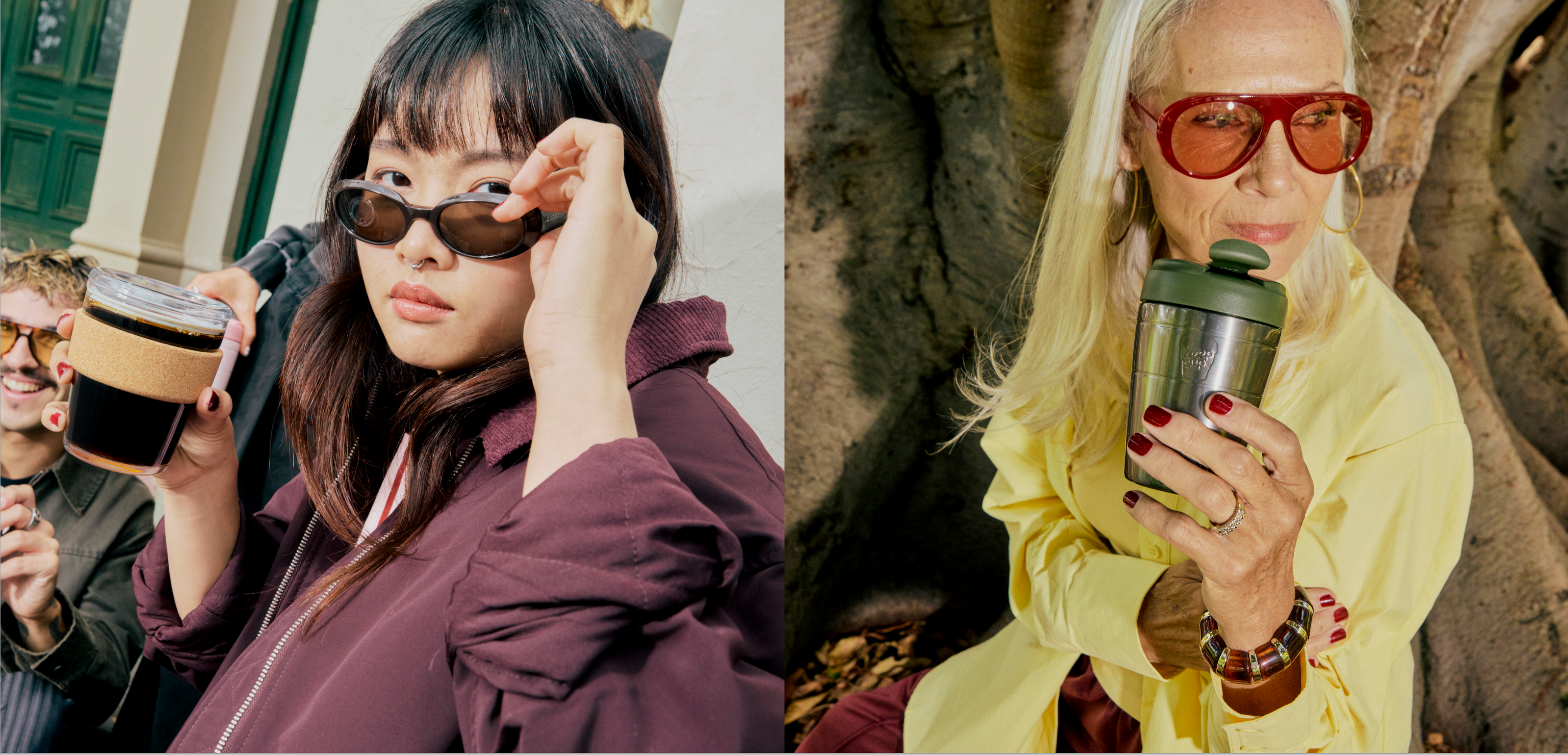 Two people holding drinks outdoors, one with a Brew Cork Quicksip and sunglasses, the other with a Commuter in Pine and red sunglasses.
