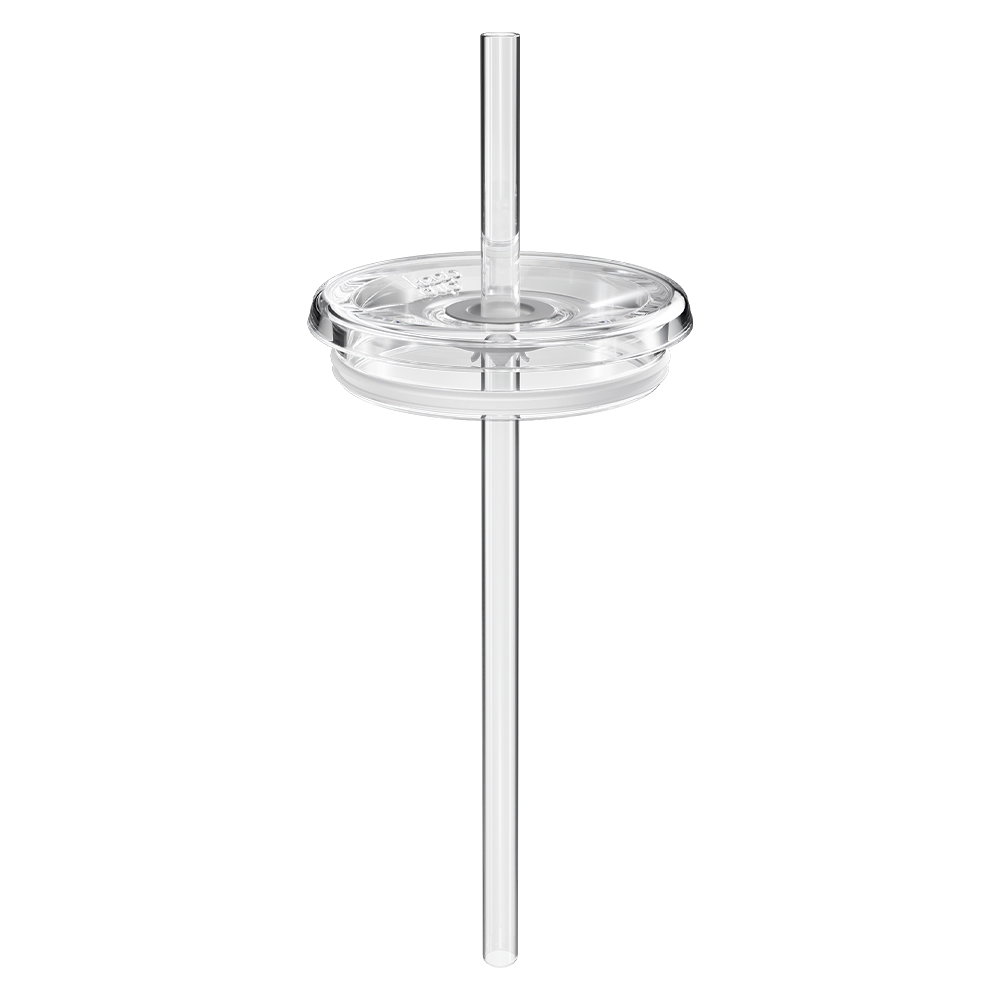 Clear KeepCup Straw Lid shown from a straight-on angle with the reusable straw inserted through the centre, displaying the transparent lid's layered construction against a white background.