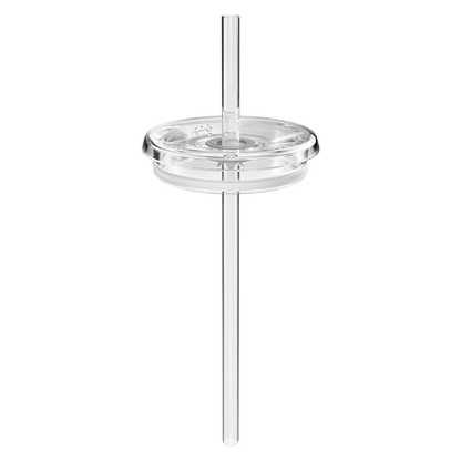 Clear KeepCup Straw Lid shown from a straight-on angle with the reusable straw inserted through the centre, displaying the transparent lid's layered construction against a white background.