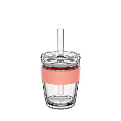 KeepCup Cold Cup Longplay Boba M 12oz in Clay, shown from the front on a plain white background. The clear double-walled glass cup features a peach-coloured silicone band, transparent lid and reusable glass straw.