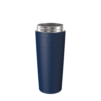KeepCup Helix Stainless Steel Base in Ink colour, XL 20oz size, shown at a slight angle against a white background, featuring the dark navy blue stainless steel body with embossed KeepCup logo and silver steel rim.