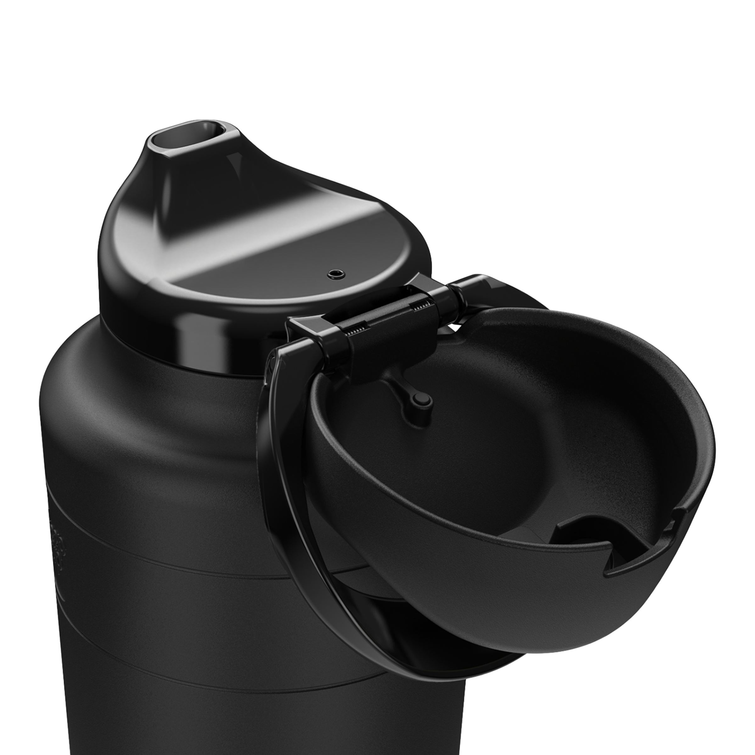 Black water bottle with open lid on a transparent background