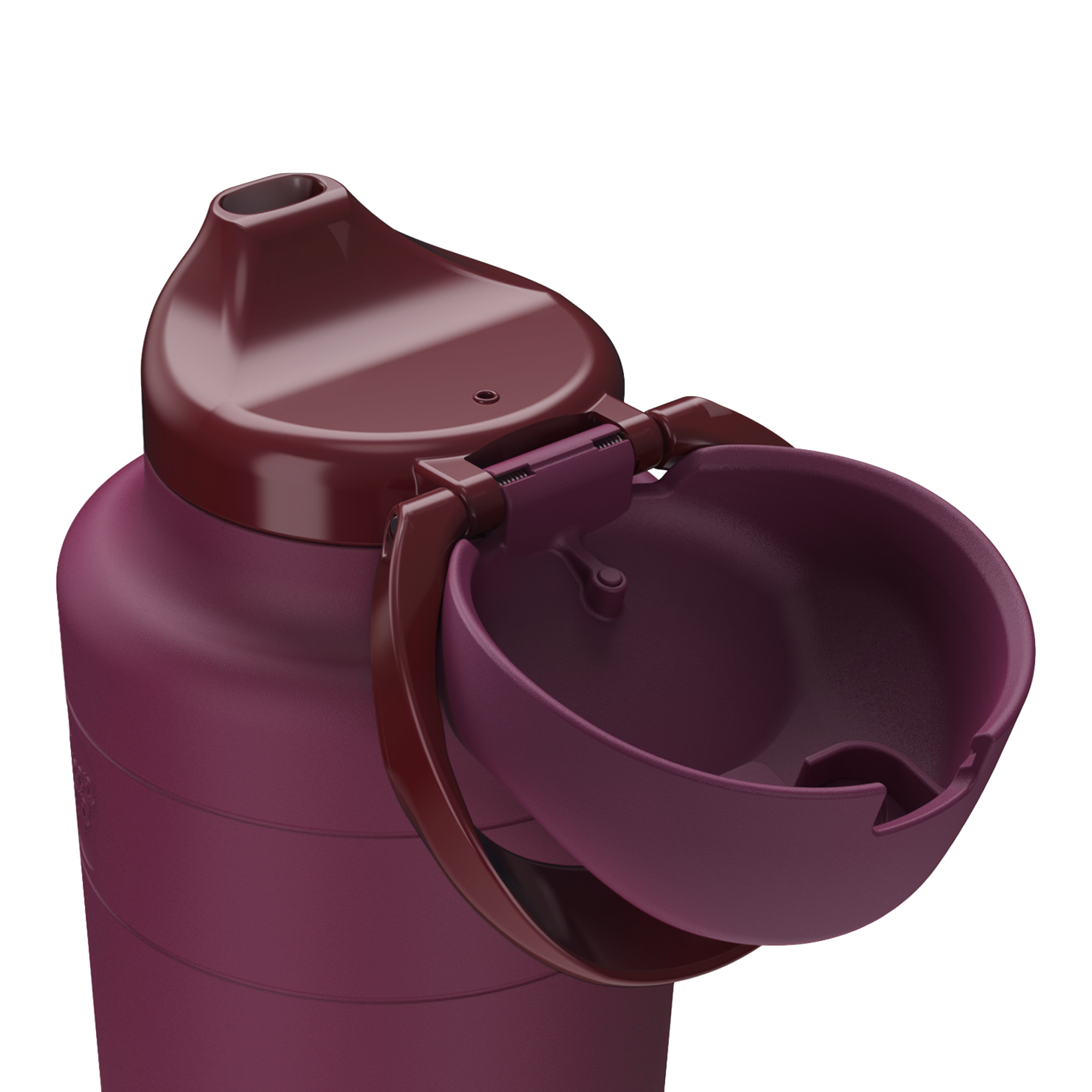 Mulberry water bottle with open lid on a transparent background