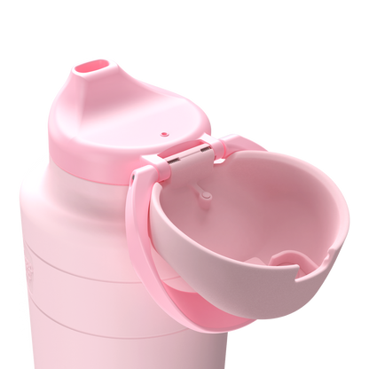 Pink water bottle with open lid on a transparent background