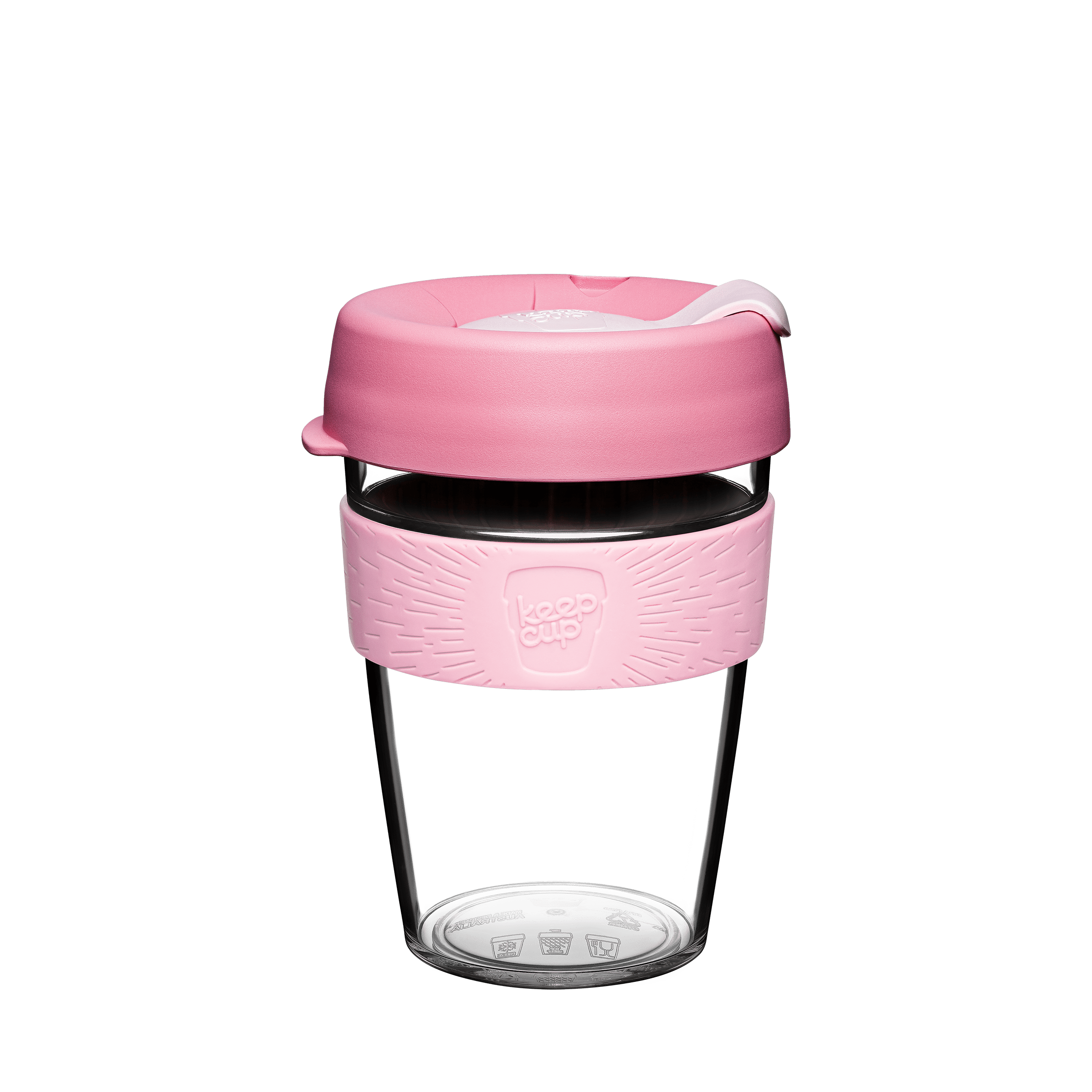 KeepCup Tritan plastic reusable coffee cup with pink silicone sleeve and lid on a white background
