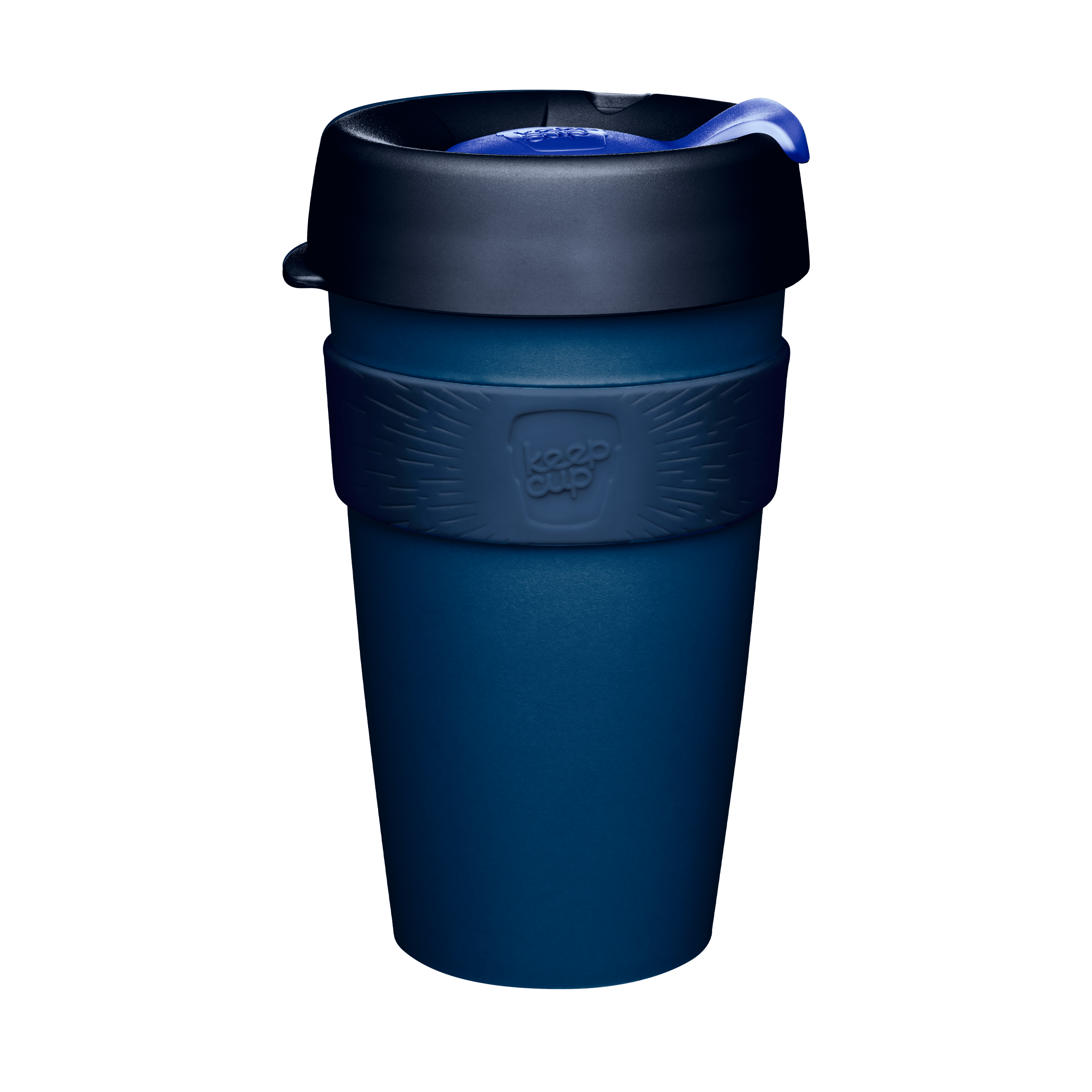 KeepCup Original L 16oz reusable coffee cup in Deep Ink, featuring a dark navy blue cup body, matching blue silicone band with embossed KeepCup logo, and charcoal lid with blue plug, shown against a white background.