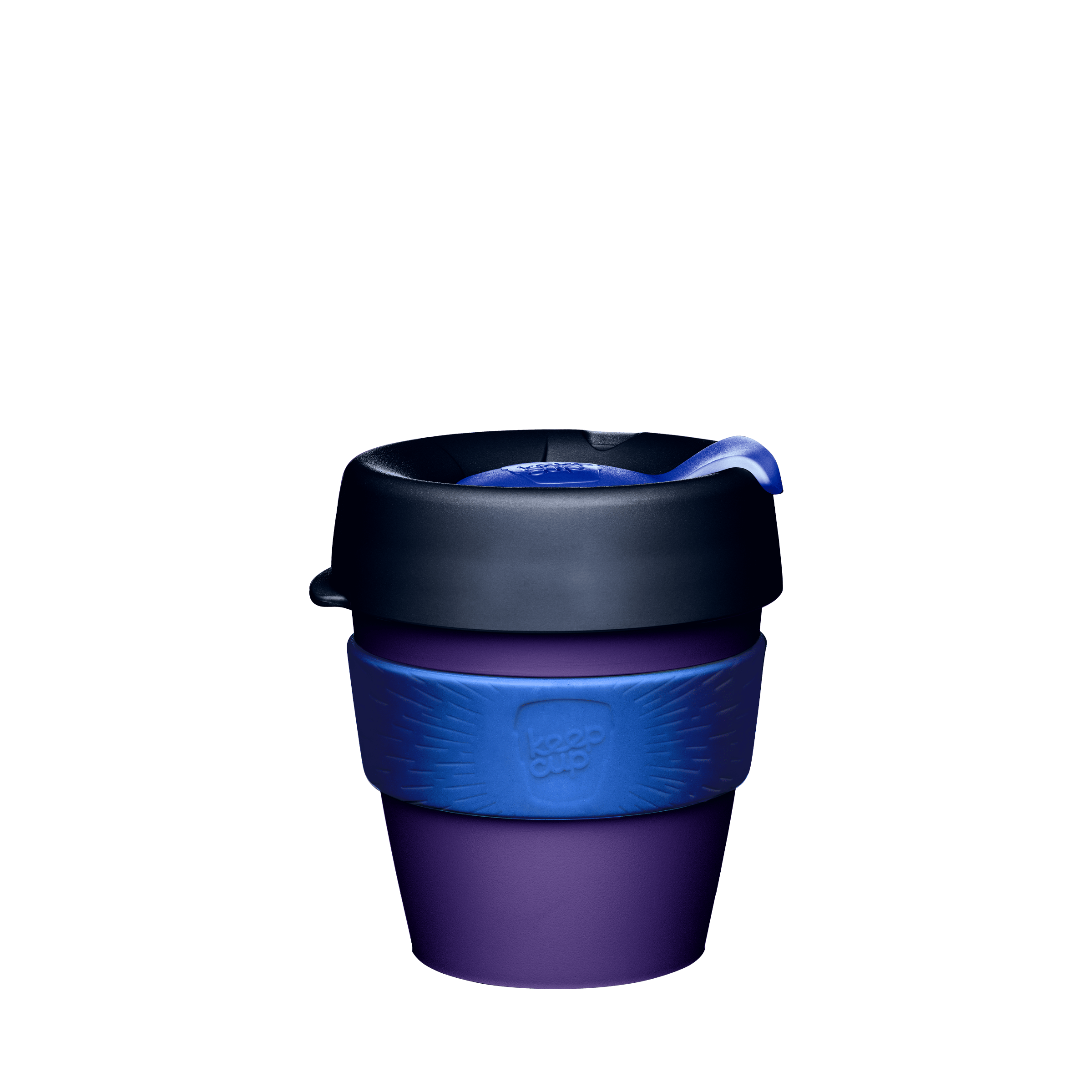 KeepCup Original S 8oz in Deep Ink, featuring a deep purple cup body, teal silicone band with embossed KeepCup logo, black lid with blue sipper plug, shown against a white background.