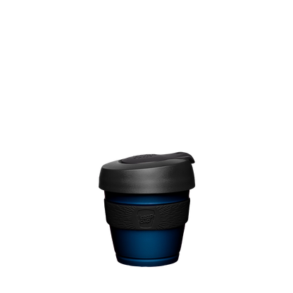 KeepCup Original XXS 4oz in Navy Black, featuring a deep blue cup body with black silicone band and black lid, shown from a front angle against a white background.