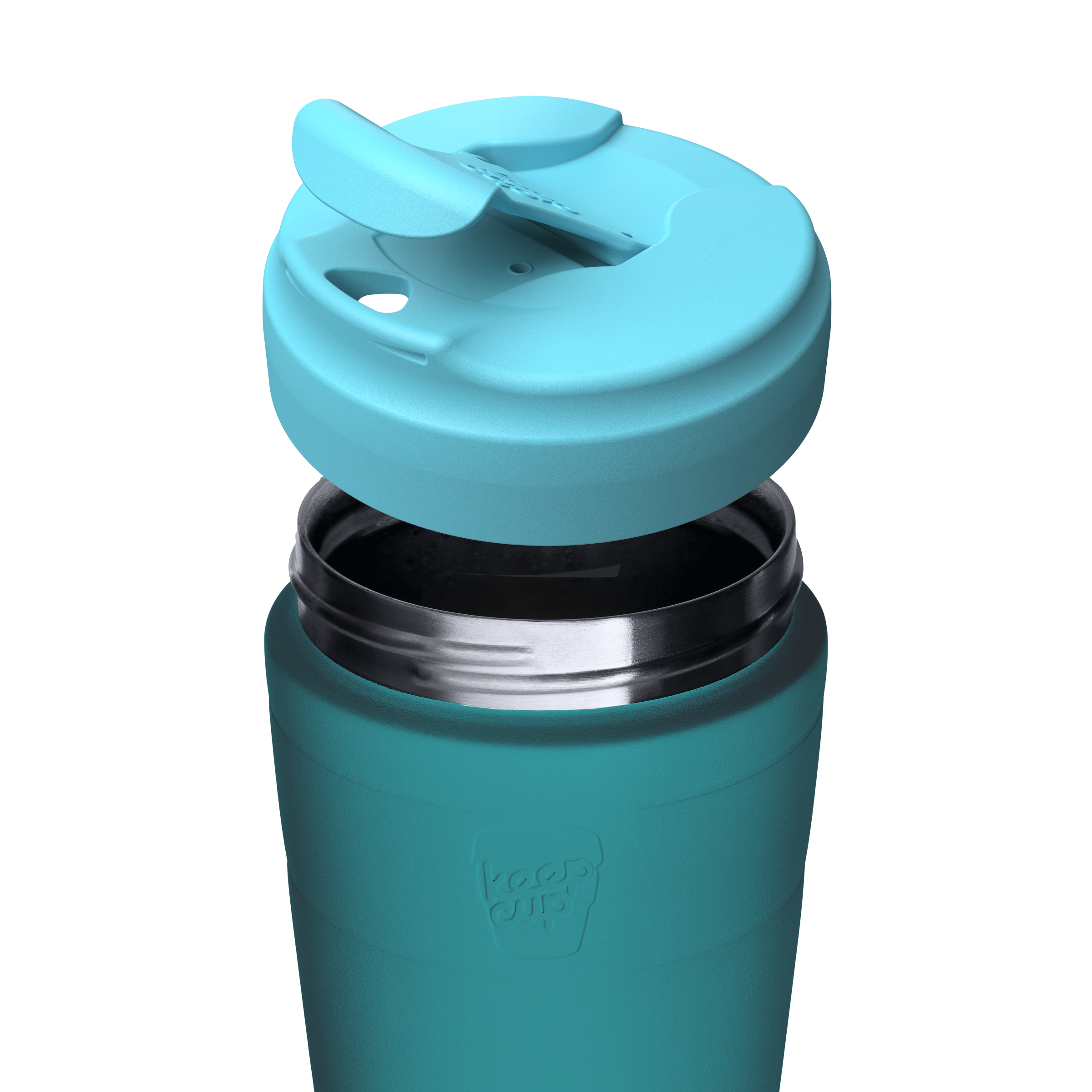 A teal insulated KeepCup travel mug with a blue flip lid, shown on a clean white background. The embossed logo on the bottle reads 'keep cup'.