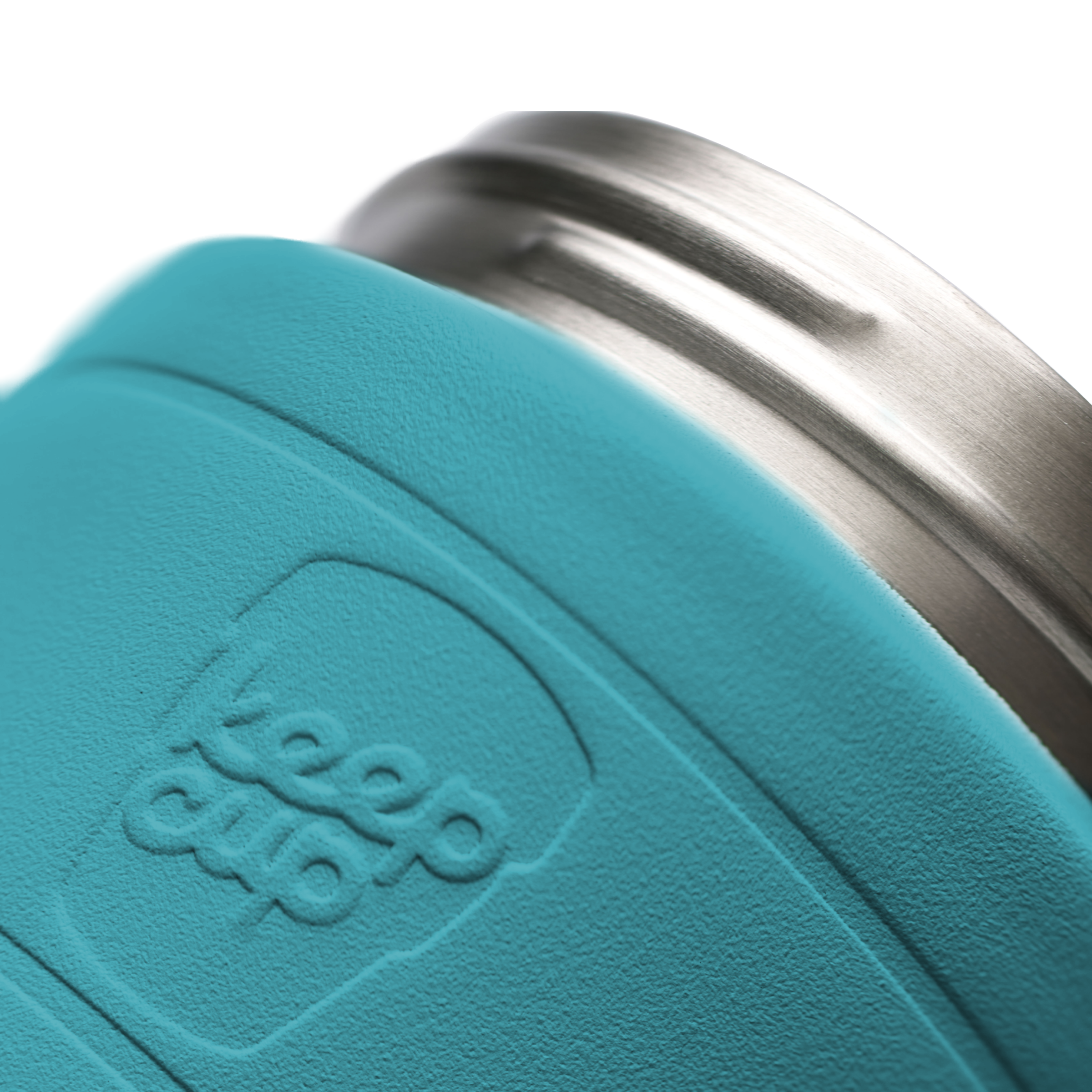 Close-up of a teal insulated KeepCup tumbler with a brushed stainless steel rim, embossed with the KeepCup logo.