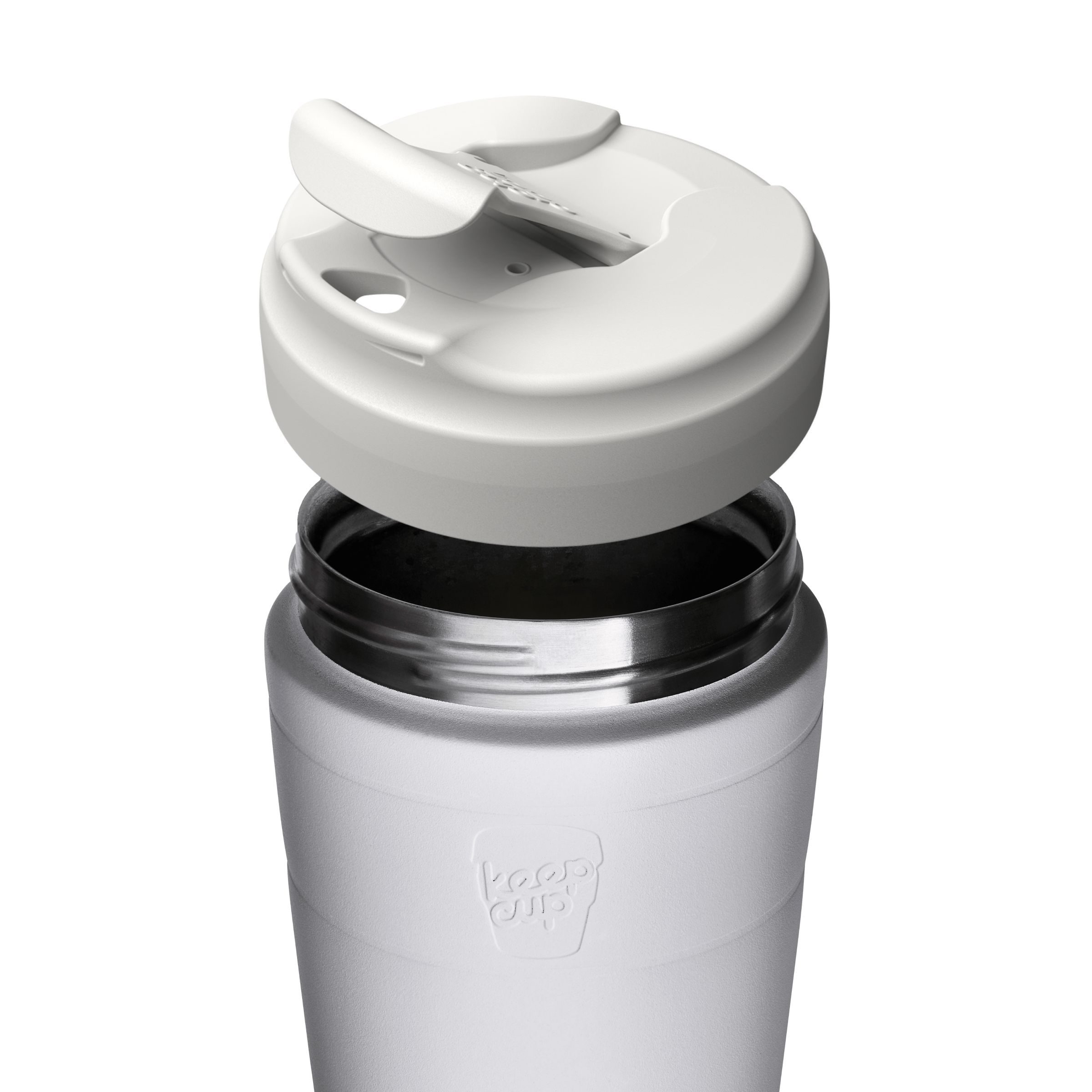 Close-up of a white insulated KeepCup travel tumbler with a matching white flip lid, shown on a clean white background. The embossed logo on the lower front reads 'keep cup'.